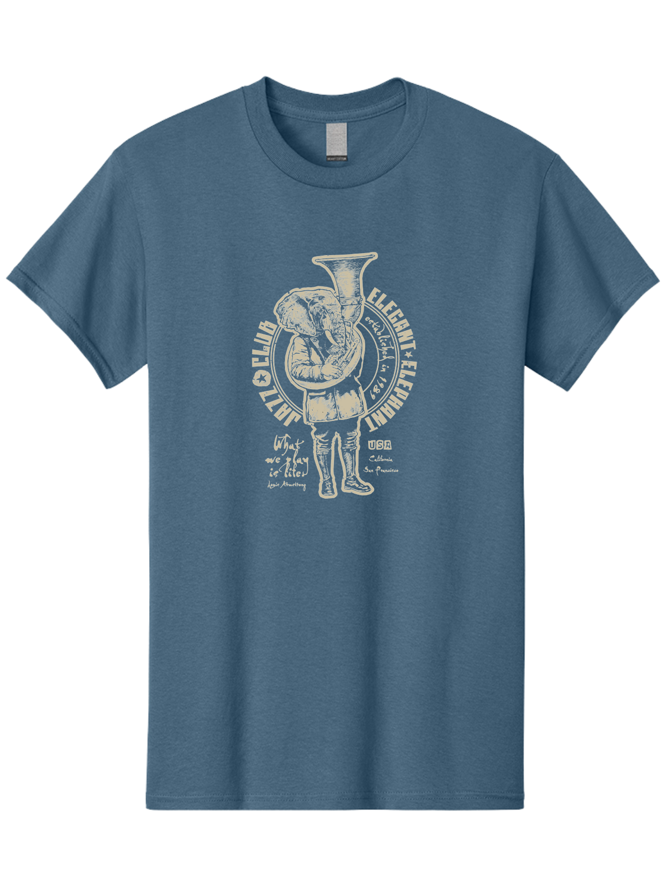 Jazz Club Elegant Elephant Men'S Graphic Tee, 100% Cotton, Comfortable Casual Summer Wear, Machine Washable, Elephant Playing Trumpet, Vintage Illustration, Unique Design, Elegant Typography, Quirky Art, Circus Theme, Playful Graphics, Aae423