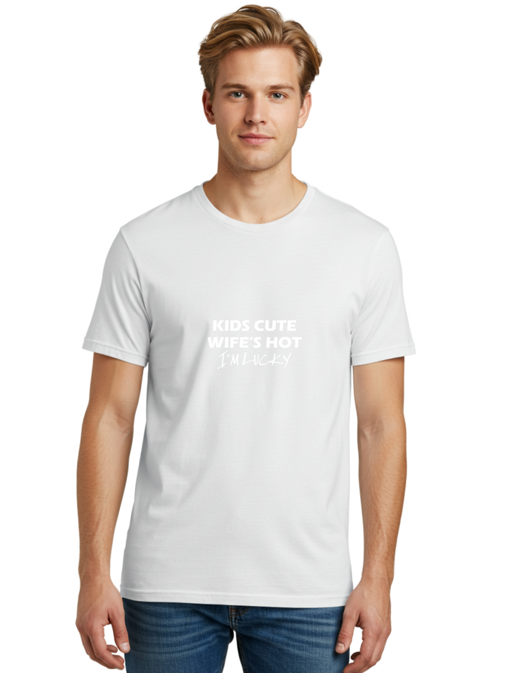 Kids Cute Wife_S Hot I_M Lucky Men'S Graphic Tee, 100% Cotton, Comfortable Casual Summer Wear, Machine Washable, Funny Quote, Husband Appreciation, Family Love, Cute Kids, Loving Wife, Gratitude, Humor, Playful Text, Bold Typography, Aae432