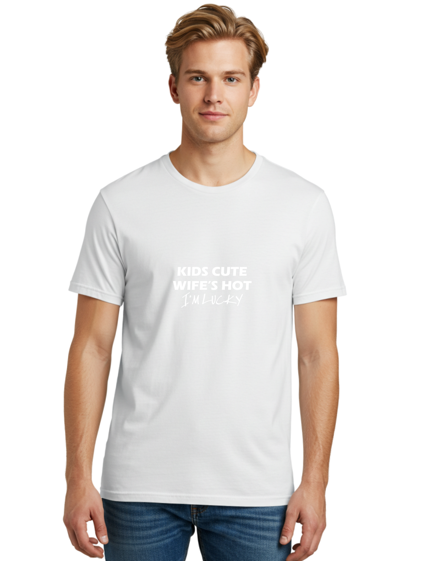 Kids Cute Wife_S Hot I_M Lucky Men'S Graphic Tee, 100% Cotton, Comfortable Casual Summer Wear, Machine Washable, Funny Quote, Husband Appreciation, Family Love, Cute Kids, Loving Wife, Gratitude, Humor, Playful Text, Bold Typography, Aae432
