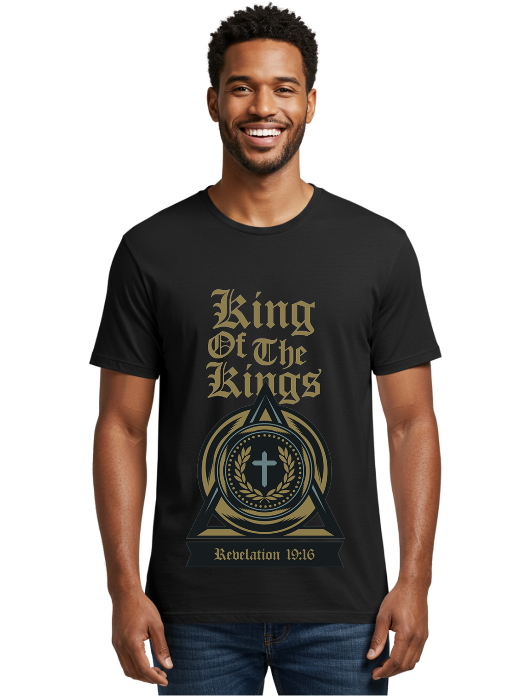 King Of The Kings Men'S Graphic Tee, 100% Cotton, Comfortable Casual Summer Wear, Machine Washable, King Of The Kings Logo, Revelation 19:16, Christian Symbol, Cross In Wreath, Triangle Emblem, Faith Representation, Religious Iconography, Aae434