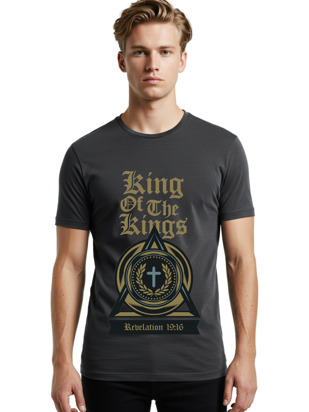 King Of The Kings Men'S Graphic Tee, 100% Cotton, Comfortable Casual Summer Wear, Machine Washable, King Of The Kings Logo, Revelation 19:16, Christian Symbol, Cross In Wreath, Triangle Emblem, Faith Representation, Religious Iconography, Aae434