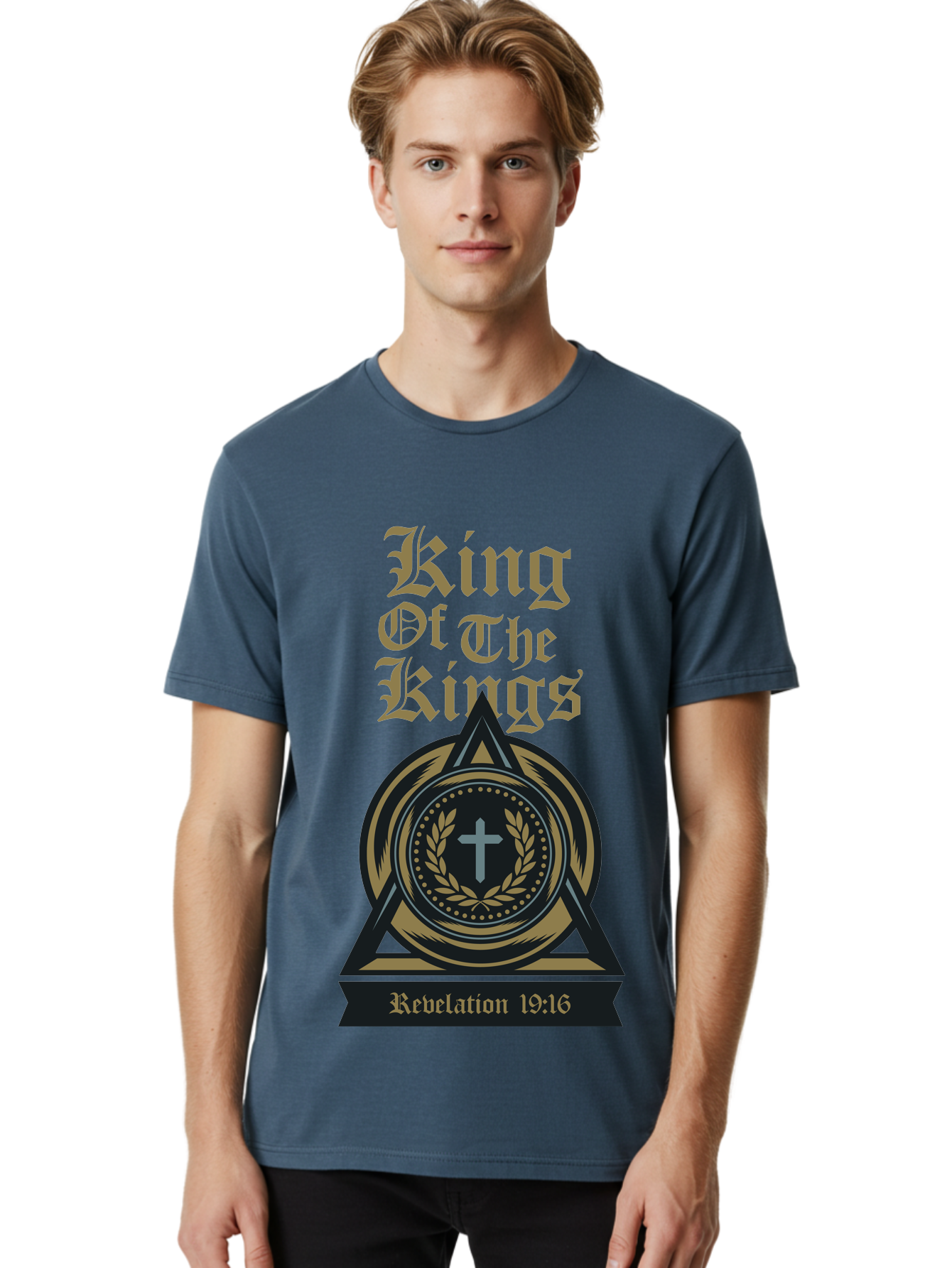 King Of The Kings Men'S Graphic Tee, 100% Cotton, Comfortable Casual Summer Wear, Machine Washable, King Of The Kings Logo, Revelation 19:16, Christian Symbol, Cross In Wreath, Triangle Emblem, Faith Representation, Religious Iconography, Aae434