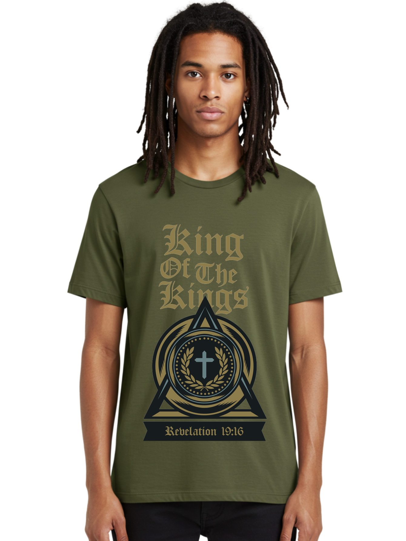 King Of The Kings Men'S Graphic Tee, 100% Cotton, Comfortable Casual Summer Wear, Machine Washable, King Of The Kings Logo, Revelation 19:16, Christian Symbol, Cross In Wreath, Triangle Emblem, Faith Representation, Religious Iconography, Aae434
