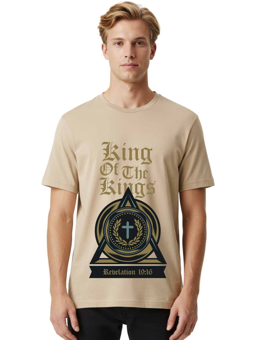 King Of The Kings Men'S Graphic Tee, 100% Cotton, Comfortable Casual Summer Wear, Machine Washable, King Of The Kings Logo, Revelation 19:16, Christian Symbol, Cross In Wreath, Triangle Emblem, Faith Representation, Religious Iconography, Aae434