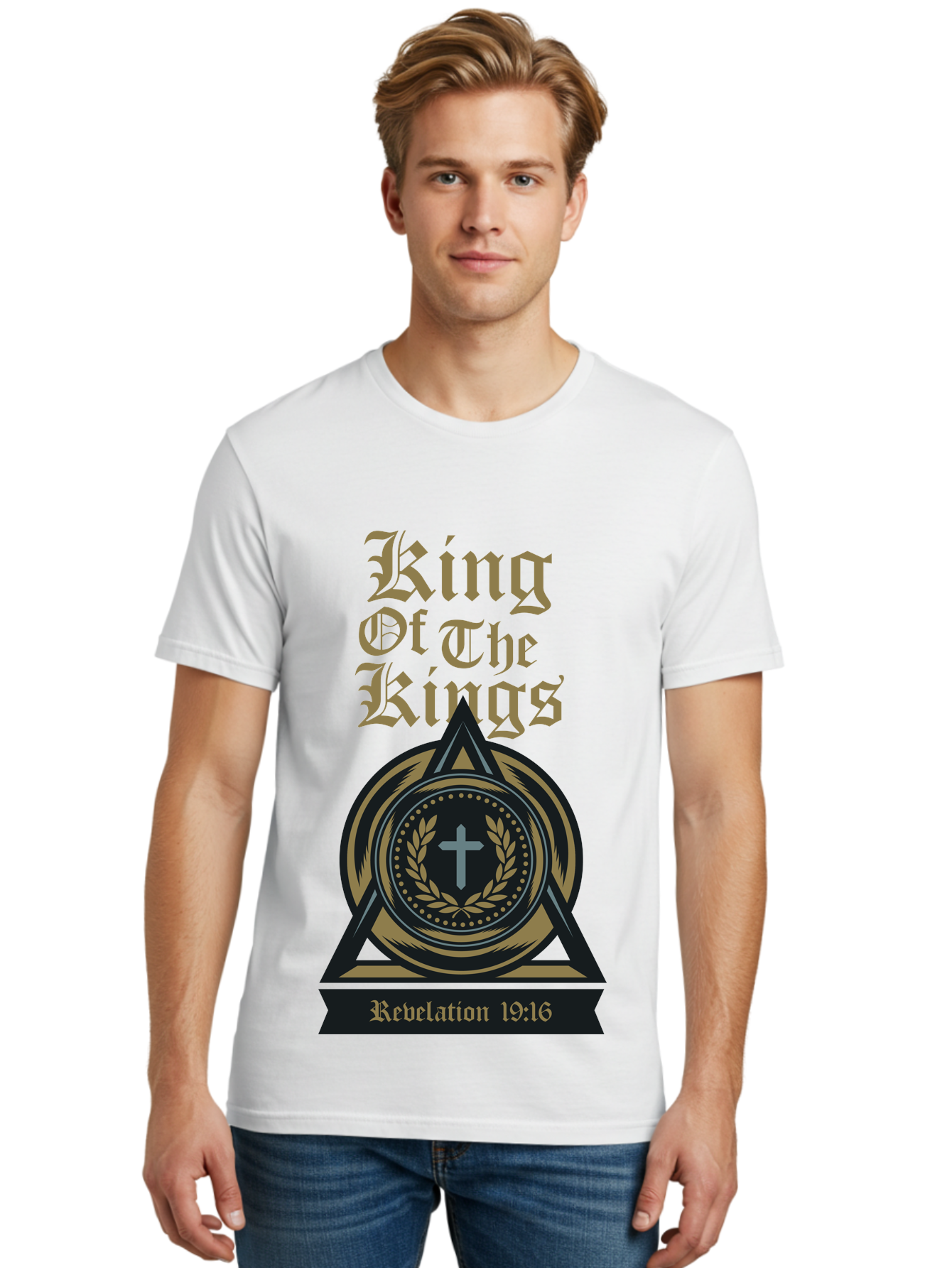 King Of The Kings Men'S Graphic Tee, 100% Cotton, Comfortable Casual Summer Wear, Machine Washable, King Of The Kings Logo, Revelation 19:16, Christian Symbol, Cross In Wreath, Triangle Emblem, Faith Representation, Religious Iconography, Aae434
