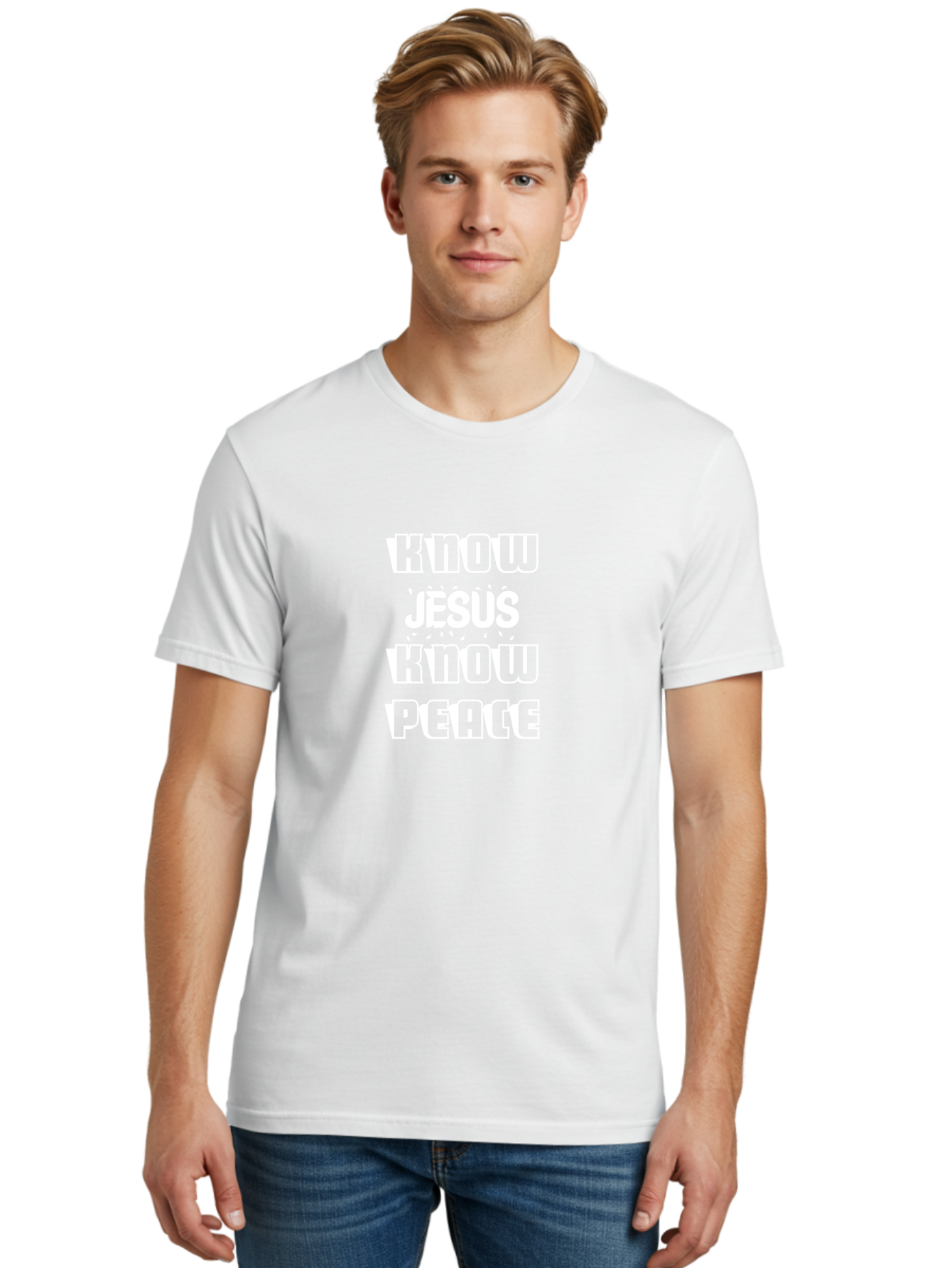 Know Jesus Know Peace Men'S Graphic Tee, 100% Cotton, Comfortable Casual Summer Wear, Machine Washable, Inspirational Quote, Faith-Based Message, Christian Values, Know Jesus Know Peace, Motivational Phrase, Spiritual Guidance, Jesus Christ, Aae437