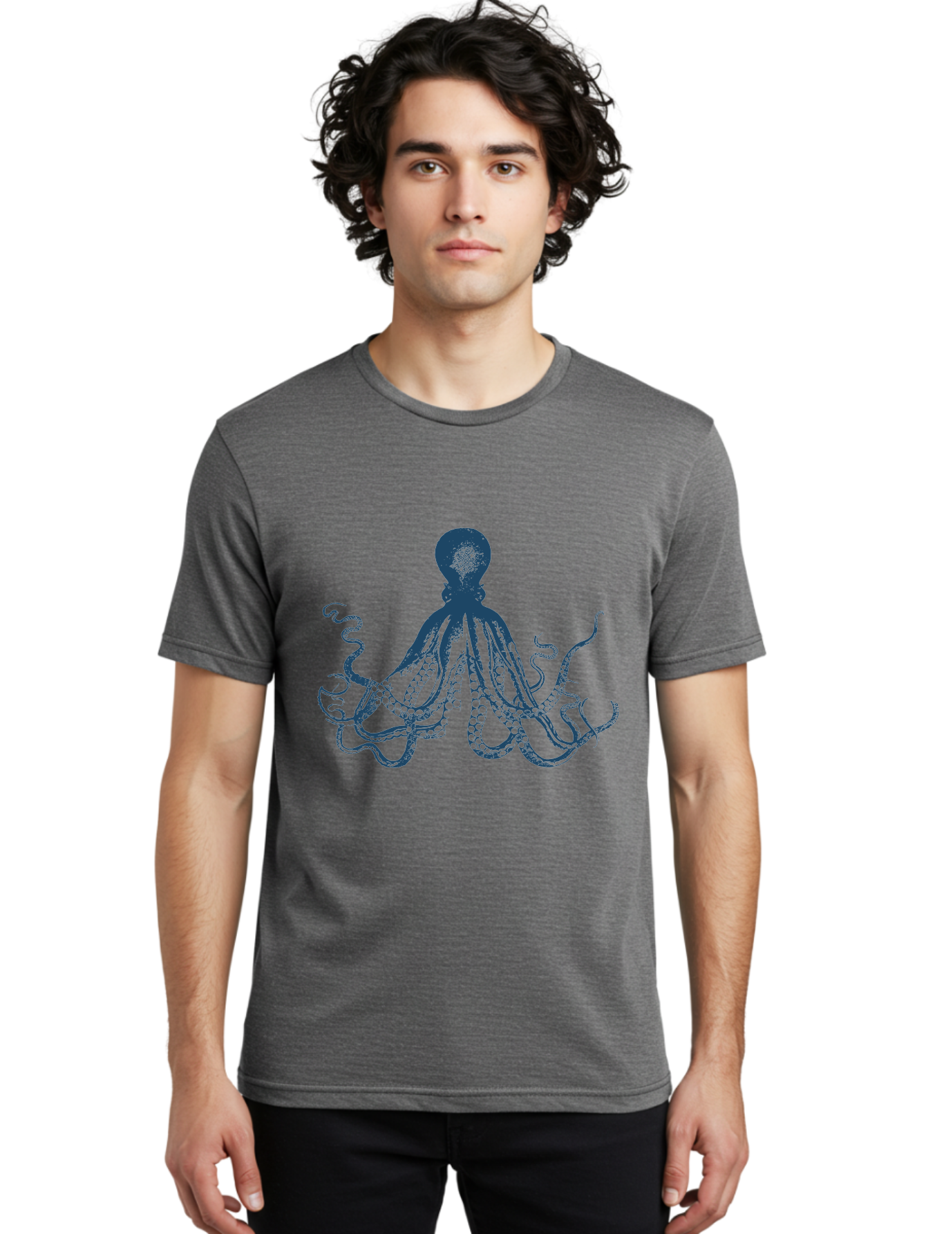 Kraken Octopus Men'S Graphic Tee, 100% Cotton, Comfortable Casual Summer Wear, Machine Washable, Octopus Illustration, Dark Blue Octopus, Underwater Creature, Ocean Animal, Sea Life, Squid-Like, Eight Arms, Suckers, Tentacles, Marine Biology Aae438