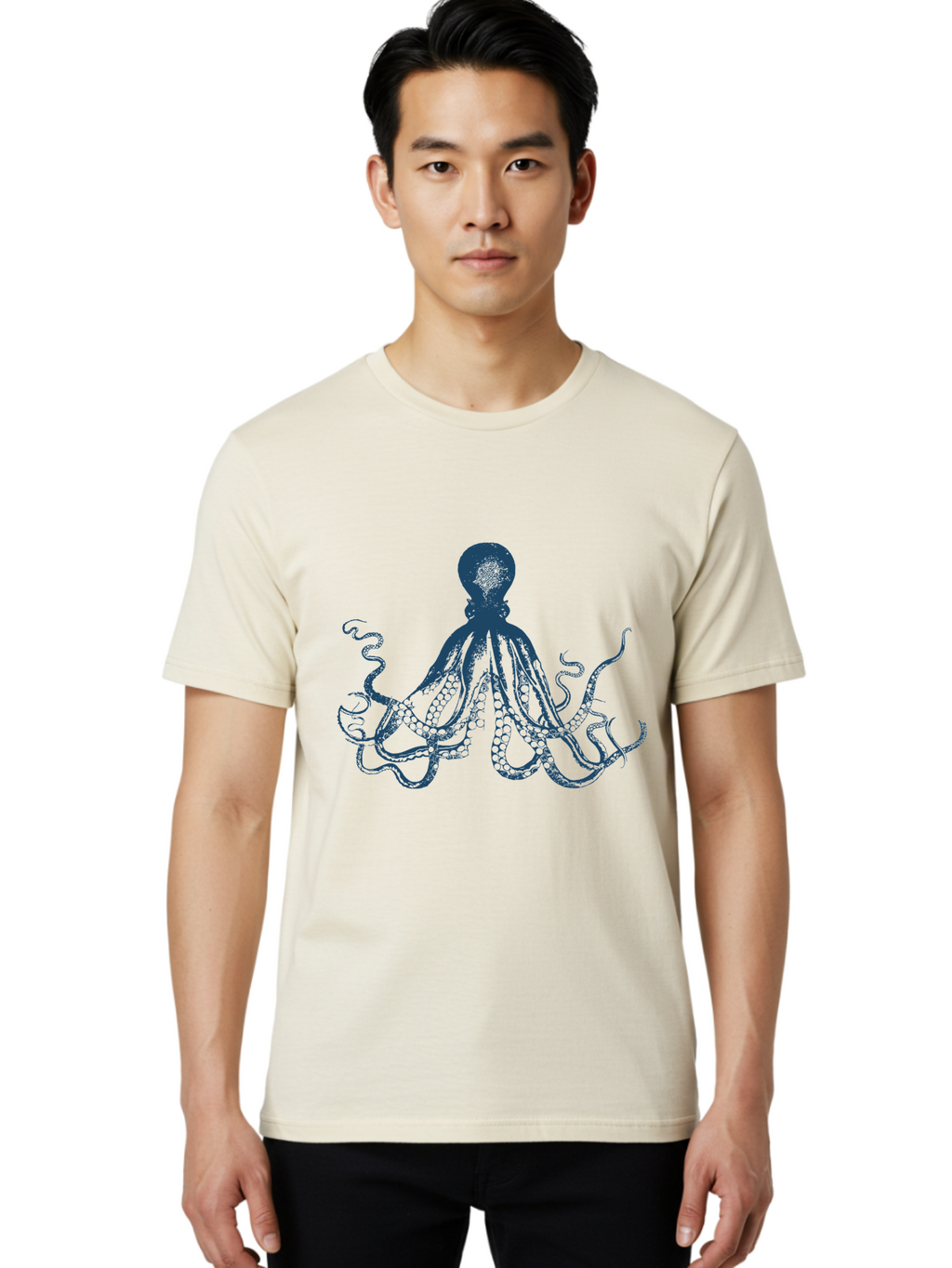 Kraken Octopus Men'S Graphic Tee, 100% Cotton, Comfortable Casual Summer Wear, Machine Washable, Octopus Illustration, Dark Blue Octopus, Underwater Creature, Ocean Animal, Sea Life, Squid-Like, Eight Arms, Suckers, Tentacles, Marine Biology Aae438