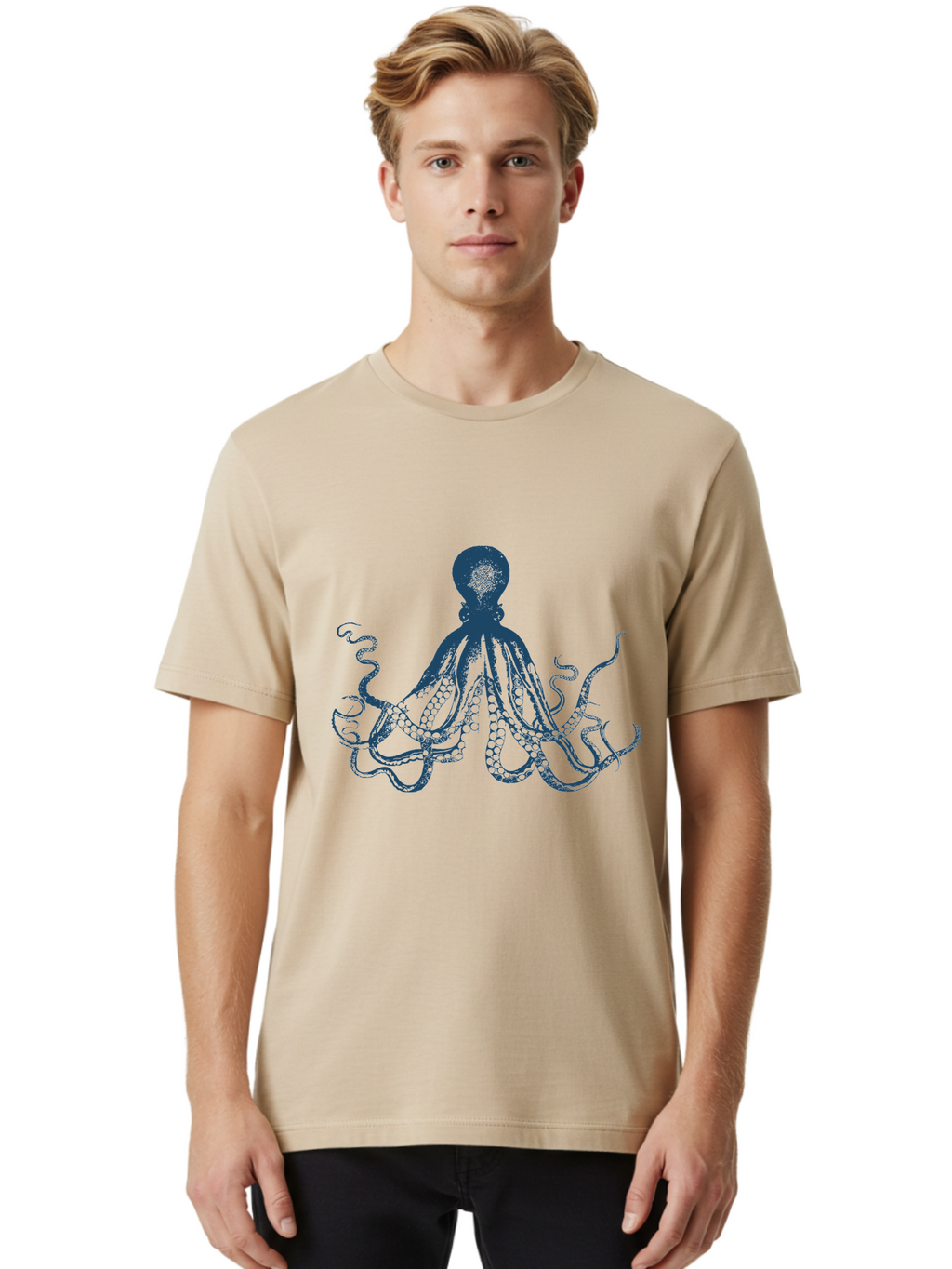 Kraken Octopus Men'S Graphic Tee, 100% Cotton, Comfortable Casual Summer Wear, Machine Washable, Octopus Illustration, Dark Blue Octopus, Underwater Creature, Ocean Animal, Sea Life, Squid-Like, Eight Arms, Suckers, Tentacles, Marine Biology Aae438