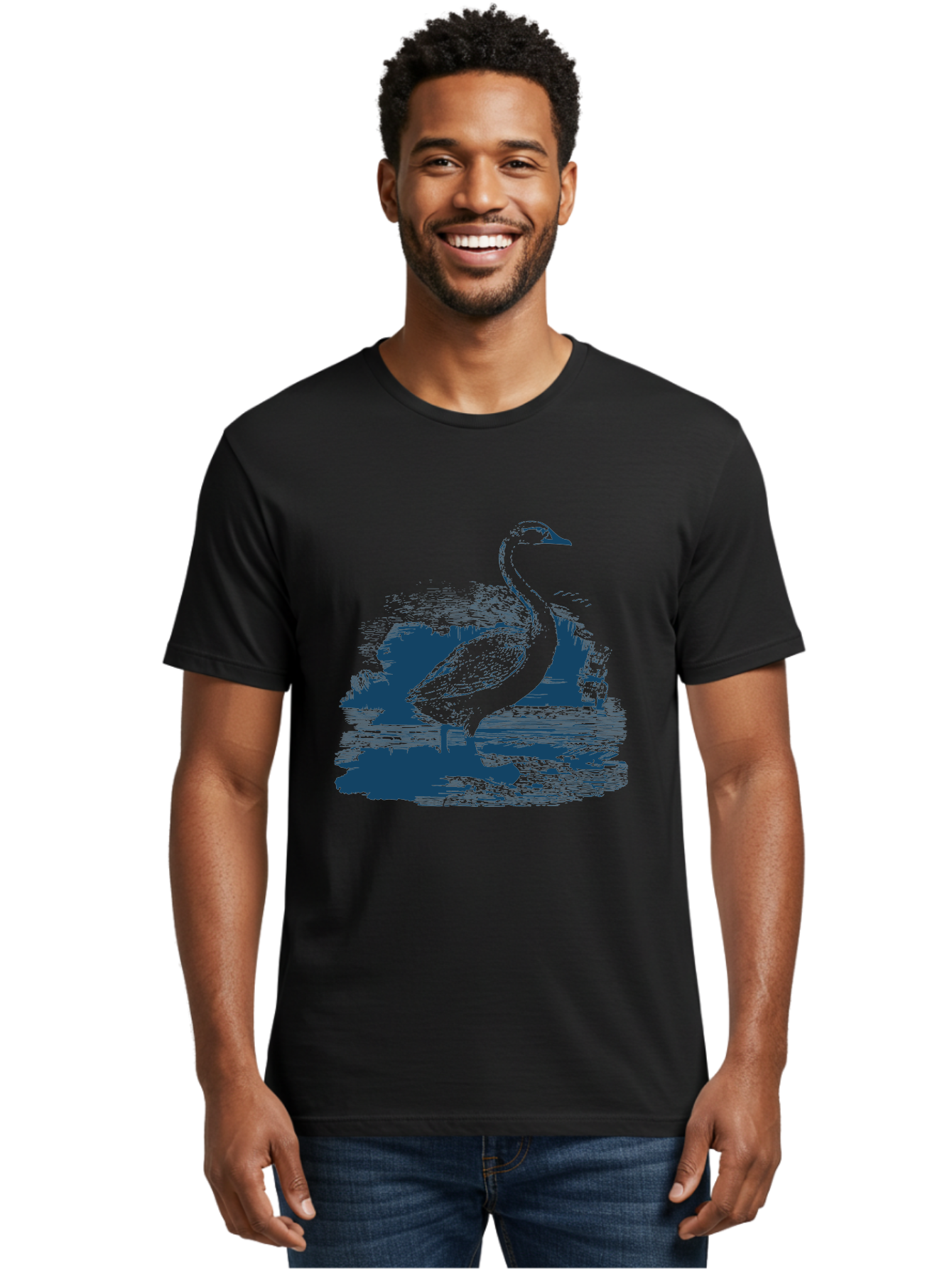 Lakeborn Swan Men'S Graphic Tee, 100% Cotton, Comfortable Casual Summer Wear, Machine Washable, Duck, Waterfowl, Bird Illustration, Graphic Art, Simple Design, Minimalist Style, Monochrome Effect, Wildlife, Nature Aae443