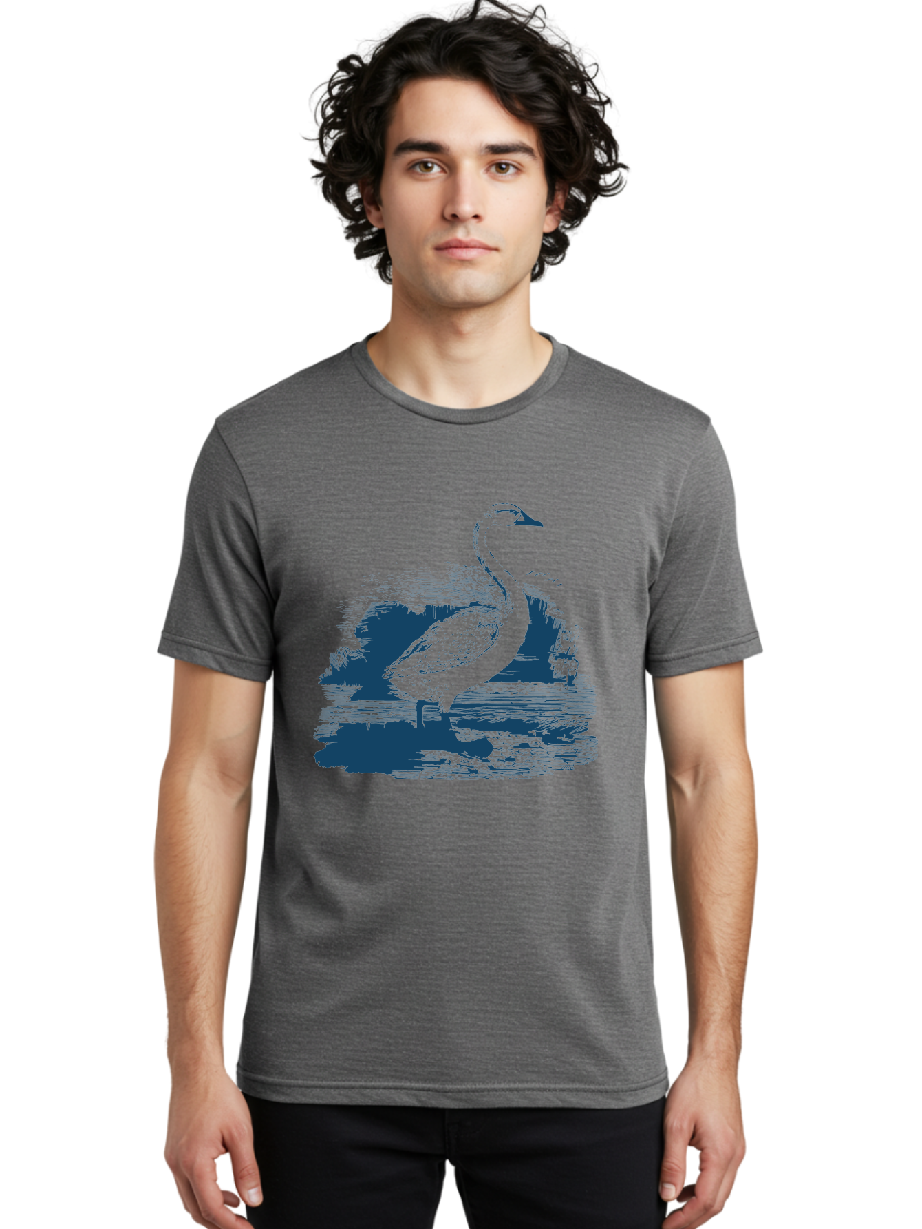 Lakeborn Swan Men'S Graphic Tee, 100% Cotton, Comfortable Casual Summer Wear, Machine Washable, Duck, Waterfowl, Bird Illustration, Graphic Art, Simple Design, Minimalist Style, Monochrome Effect, Wildlife, Nature Aae443