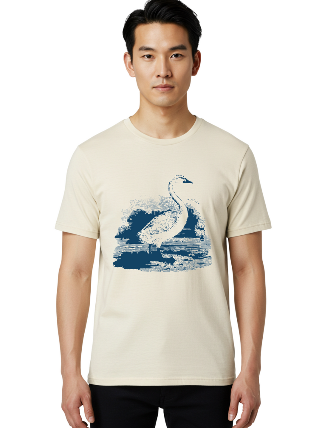 Lakeborn Swan Men'S Graphic Tee, 100% Cotton, Comfortable Casual Summer Wear, Machine Washable, Duck, Waterfowl, Bird Illustration, Graphic Art, Simple Design, Minimalist Style, Monochrome Effect, Wildlife, Nature Aae443