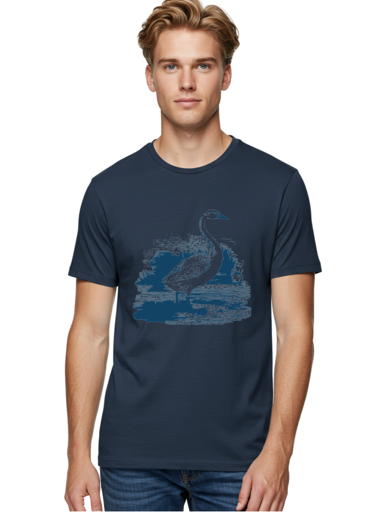 Lakeborn Swan Men'S Graphic Tee, 100% Cotton, Comfortable Casual Summer Wear, Machine Washable, Duck, Waterfowl, Bird Illustration, Graphic Art, Simple Design, Minimalist Style, Monochrome Effect, Wildlife, Nature Aae443