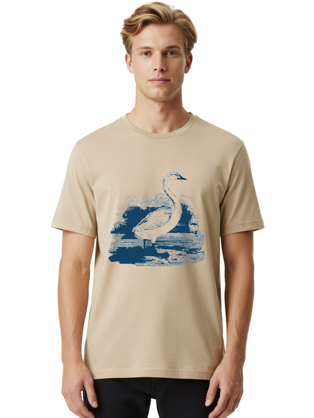 Lakeborn Swan Men'S Graphic Tee, 100% Cotton, Comfortable Casual Summer Wear, Machine Washable, Duck, Waterfowl, Bird Illustration, Graphic Art, Simple Design, Minimalist Style, Monochrome Effect, Wildlife, Nature Aae443