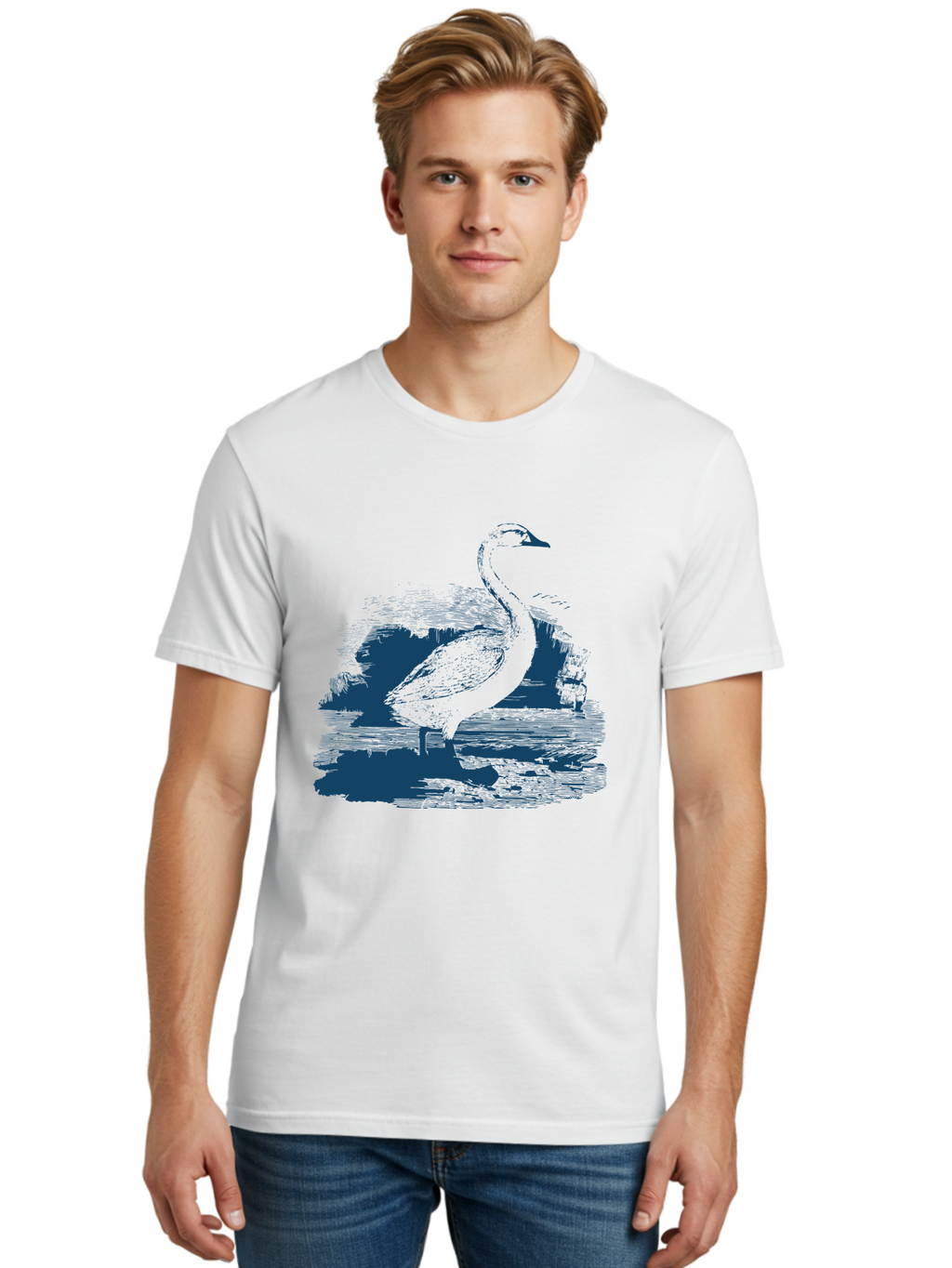 Lakeborn Swan Men'S Graphic Tee, 100% Cotton, Comfortable Casual Summer Wear, Machine Washable, Duck, Waterfowl, Bird Illustration, Graphic Art, Simple Design, Minimalist Style, Monochrome Effect, Wildlife, Nature Aae443