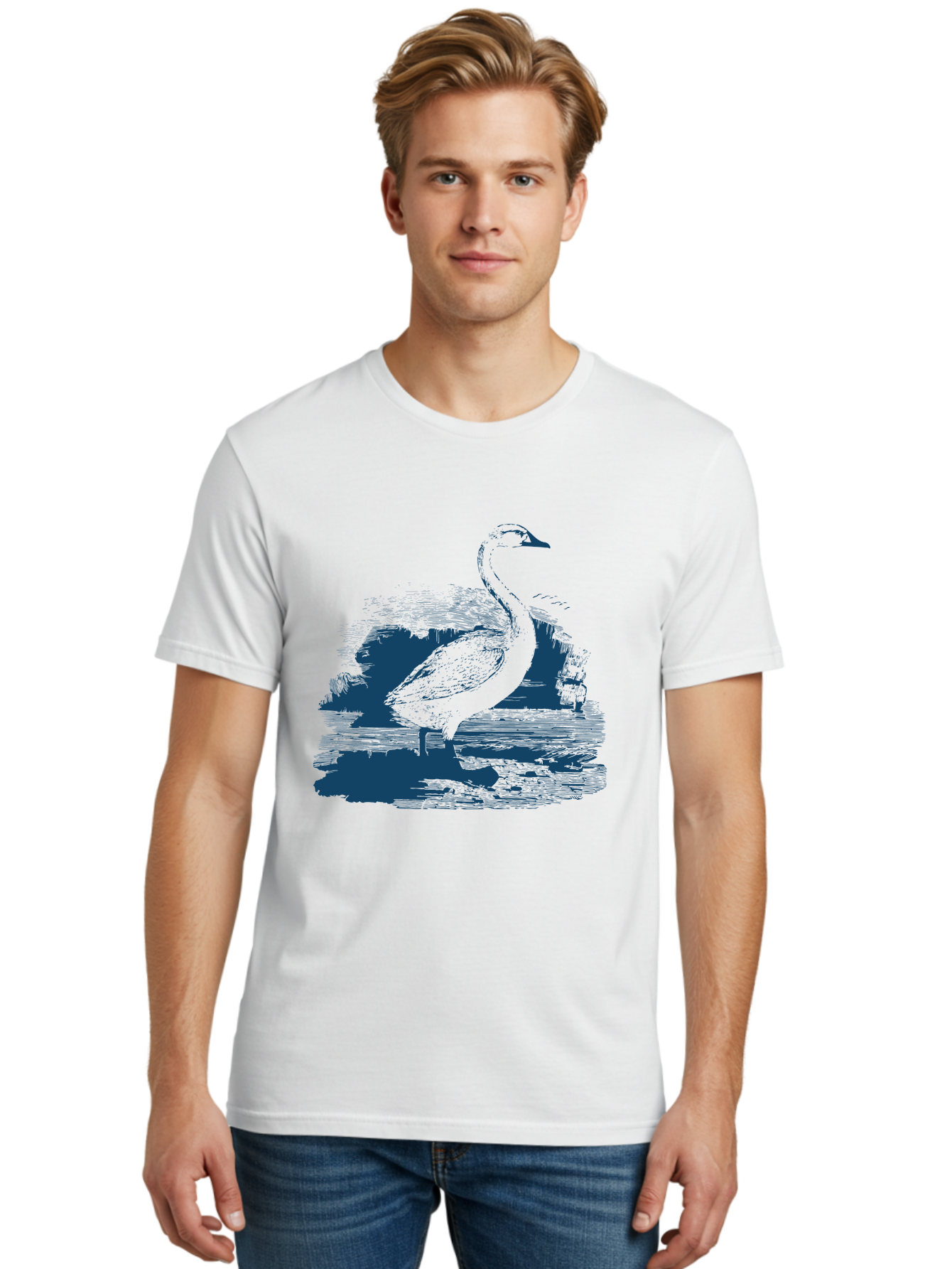 Lakeborn Swan Men'S Graphic Tee, 100% Cotton, Comfortable Casual Summer Wear, Machine Washable, Duck, Waterfowl, Bird Illustration, Graphic Art, Simple Design, Minimalist Style, Monochrome Effect, Wildlife, Nature Aae443