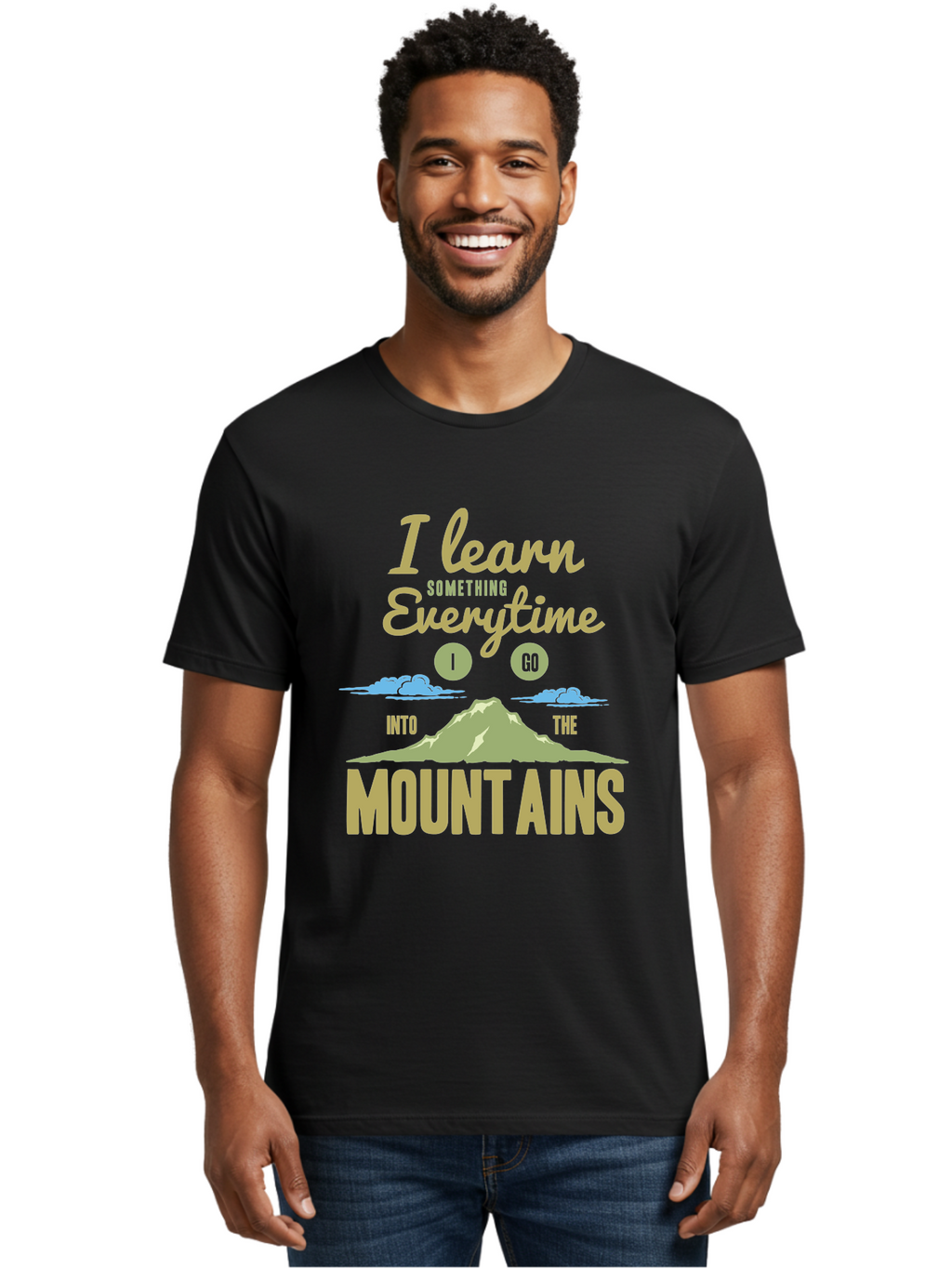 Learn From The Mountains Men'S Graphic Tee, 100% Cotton, Comfortable Casual Summer Wear, Machine Washable, Motivational Quote, Inspirational Message, Mountain Landscape, Personal Growth, Self-Improvement, Outdoors Adventure, Hiking, Aae445