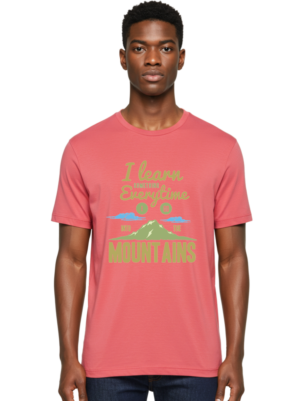 Learn From The Mountains Men'S Graphic Tee, 100% Cotton, Comfortable Casual Summer Wear, Machine Washable, Motivational Quote, Inspirational Message, Mountain Landscape, Personal Growth, Self-Improvement, Outdoors Adventure, Hiking, Aae445