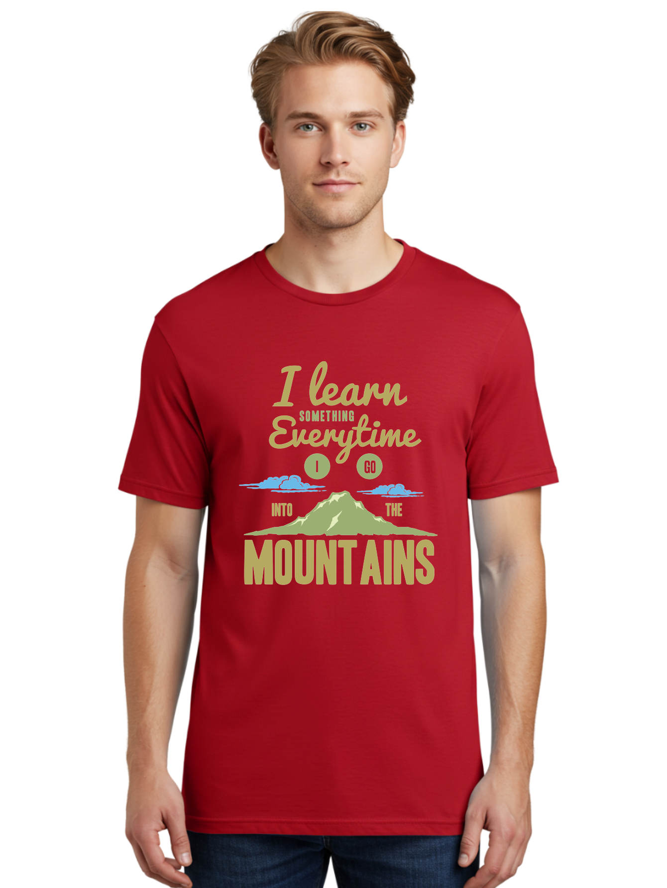 Learn From The Mountains Men'S Graphic Tee, 100% Cotton, Comfortable Casual Summer Wear, Machine Washable, Motivational Quote, Inspirational Message, Mountain Landscape, Personal Growth, Self-Improvement, Outdoors Adventure, Hiking, Aae445