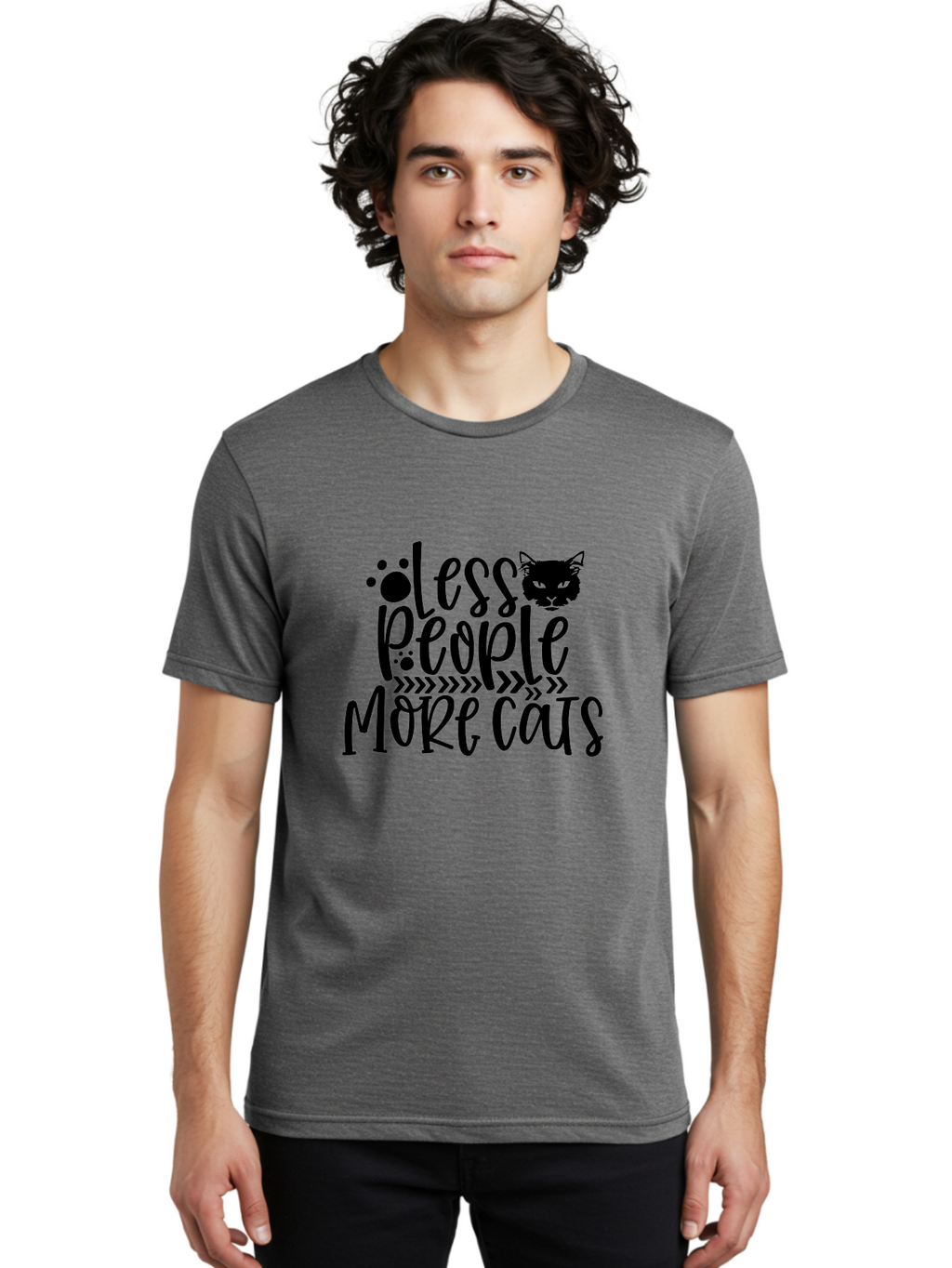 Less People More Cats Men'S Graphic Tee, 100% Cotton, Comfortable Casual Summer Wear, Machine Washable, Cat Lovers, Feline Obsession, Humorous Quote, Cat Paws, Cat Face, Quirky Design, Funny Cat Saying, Cat Meme, Less People More Cats Aae446
