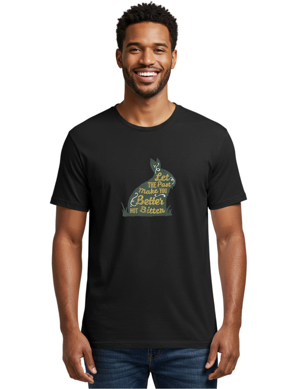 Let The Past Make You Better Not Bitter Men'S Graphic Tee, 100% Cotton, Comfortable Casual Summer Wear, Machine Washable, Inspirational Quote, Motivational Phrase, Rabbit Silhouette, Yellow Typography, White Swirls, Grassy Base, Aae448
