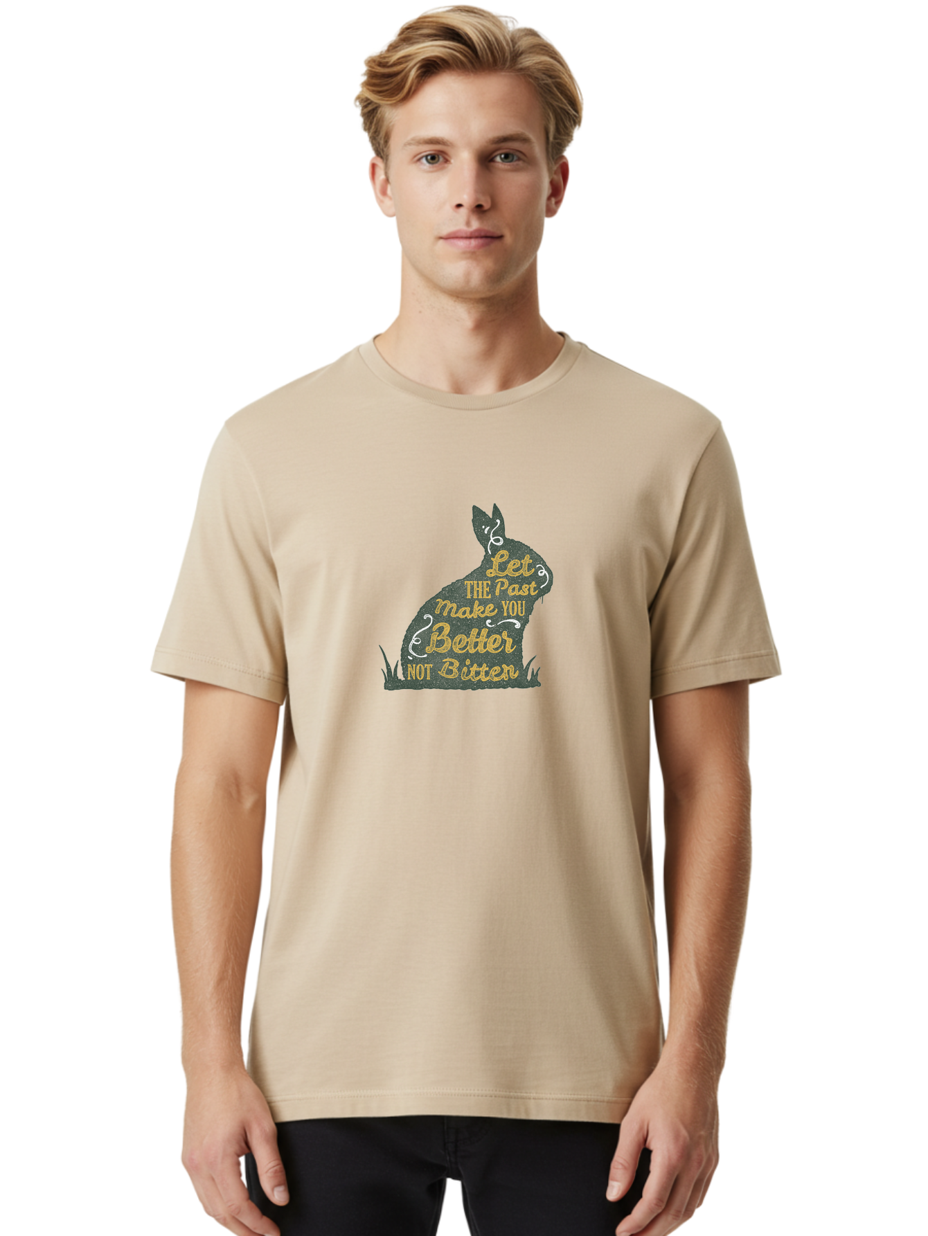 Let The Past Make You Better Not Bitter Men'S Graphic Tee, 100% Cotton, Comfortable Casual Summer Wear, Machine Washable, Inspirational Quote, Motivational Phrase, Rabbit Silhouette, Yellow Typography, White Swirls, Grassy Base, Aae448