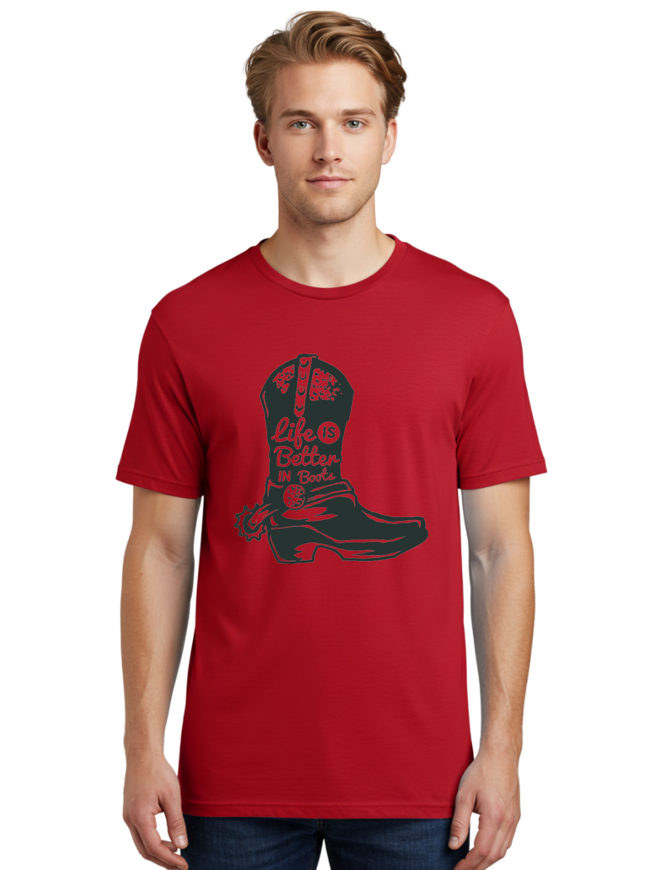 Life Is Better In Boots Men'S Graphic Tee, 100% Cotton, Comfortable Casual Summer Wear, Machine Washable, Cowboy Boots, Country Style, Western Fashion, Inspirational Quote, Rugged Charm, Country Lifestyle, Boots, Rodeo, Cowgirl, Country Music Aae450