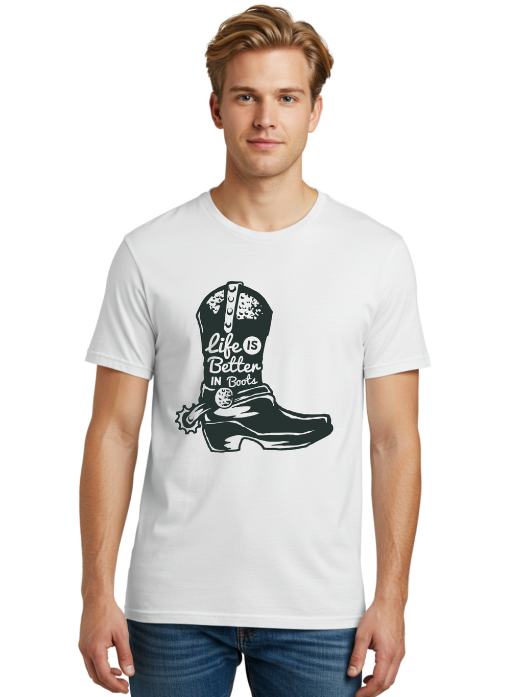 Life Is Better In Boots Men'S Graphic Tee, 100% Cotton, Comfortable Casual Summer Wear, Machine Washable, Cowboy Boots, Country Style, Western Fashion, Inspirational Quote, Rugged Charm, Country Lifestyle, Boots, Rodeo, Cowgirl, Country Music Aae450