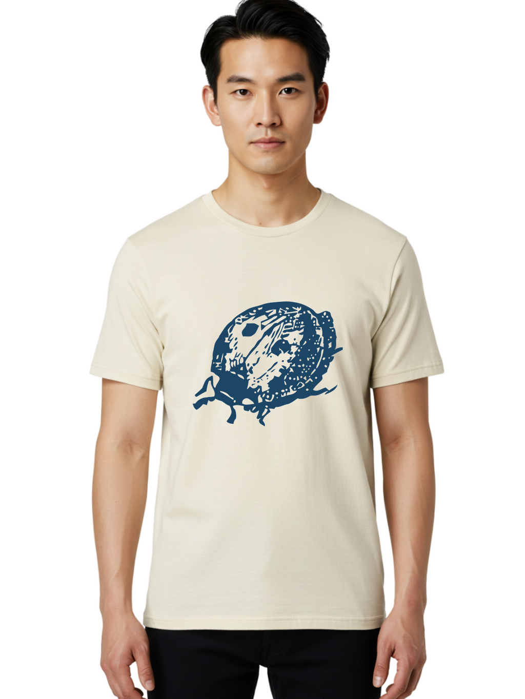 Little-Bug Men'S Graphic Tee, 100% Cotton, Comfortable Casual Summer Wear, Machine Washable, Ladybug Illustration, Insect Art, Beetle Design, Dark Blue Silhouette, Abstract Patterns, Spotted Wings, Abstract Textures, Entomology-Inspired Aae456
