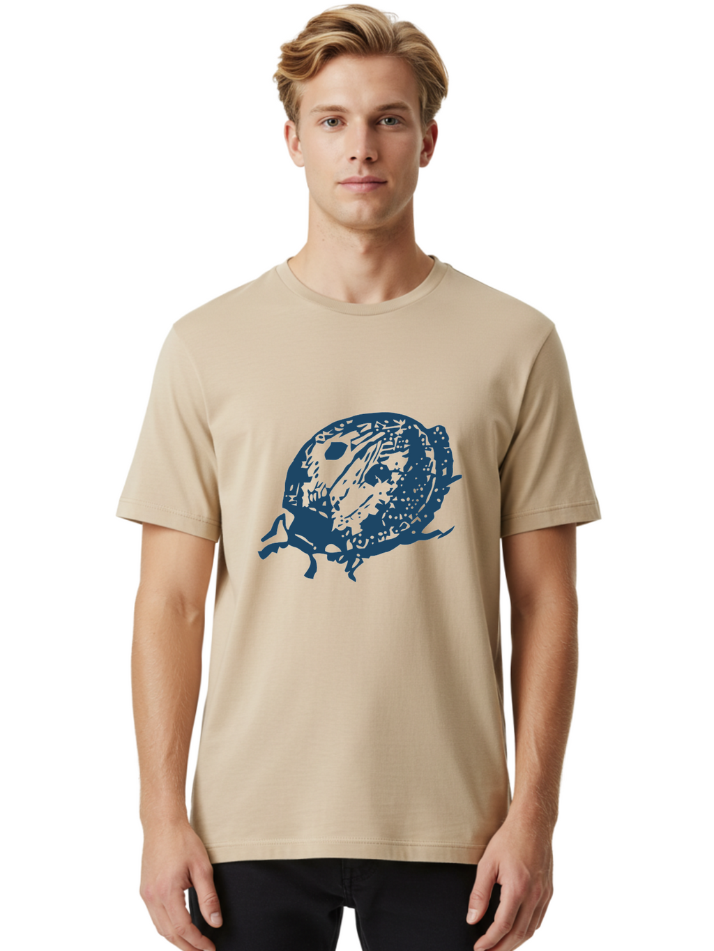 Little-Bug Men'S Graphic Tee, 100% Cotton, Comfortable Casual Summer Wear, Machine Washable, Ladybug Illustration, Insect Art, Beetle Design, Dark Blue Silhouette, Abstract Patterns, Spotted Wings, Abstract Textures, Entomology-Inspired Aae456