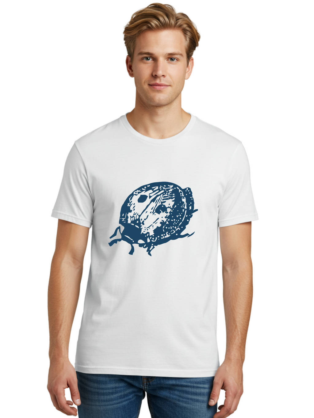 Little-Bug Men'S Graphic Tee, 100% Cotton, Comfortable Casual Summer Wear, Machine Washable, Ladybug Illustration, Insect Art, Beetle Design, Dark Blue Silhouette, Abstract Patterns, Spotted Wings, Abstract Textures, Entomology-Inspired Aae456