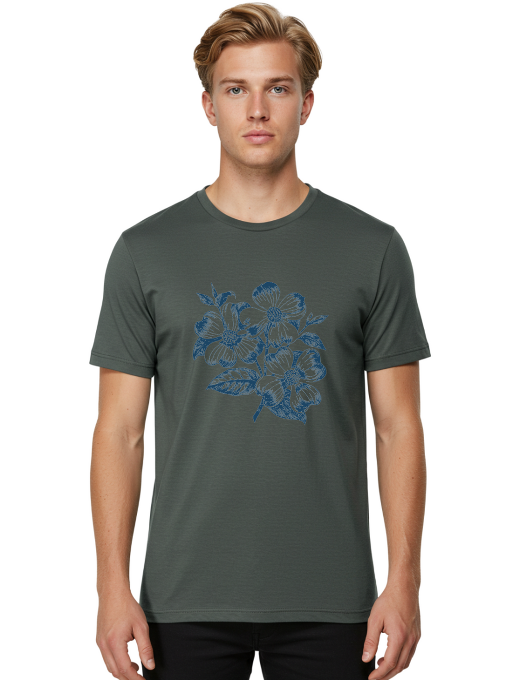 Little-Flowerbunch Men'S Graphic Tee, 100% Cotton, Comfortable Casual Summer Wear, Machine Washable, Hand-Drawn Flowers, Floral Design, Blue Flowers, Leafy Stems, Botanical Illustration, Vintage Style, Modern Graphics Aae457