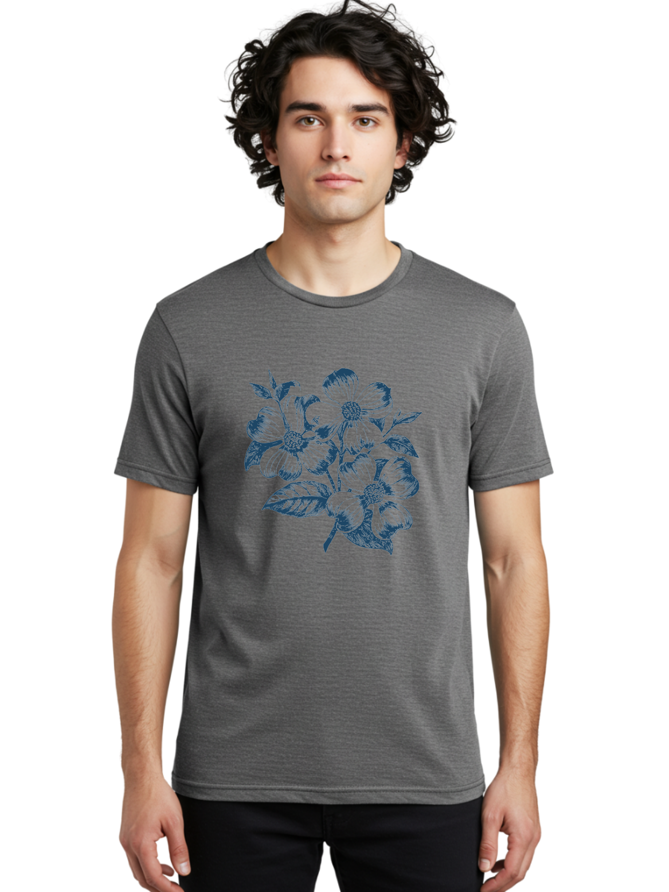 Little-Flowerbunch Men'S Graphic Tee, 100% Cotton, Comfortable Casual Summer Wear, Machine Washable, Hand-Drawn Flowers, Floral Design, Blue Flowers, Leafy Stems, Botanical Illustration, Vintage Style, Modern Graphics Aae457