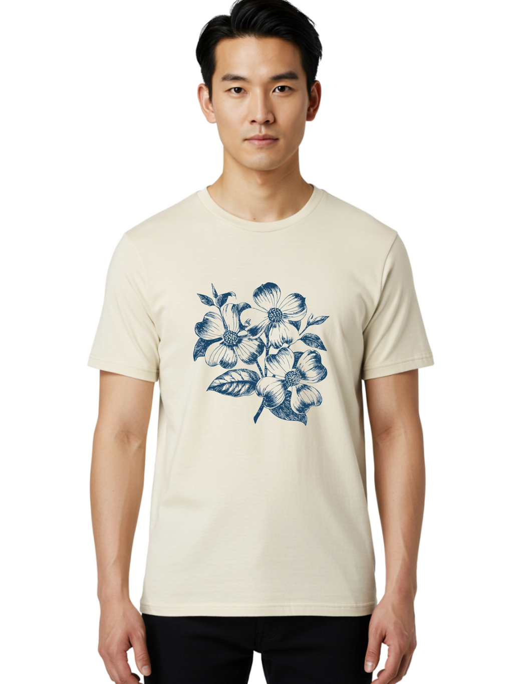 Little-Flowerbunch Men'S Graphic Tee, 100% Cotton, Comfortable Casual Summer Wear, Machine Washable, Hand-Drawn Flowers, Floral Design, Blue Flowers, Leafy Stems, Botanical Illustration, Vintage Style, Modern Graphics Aae457