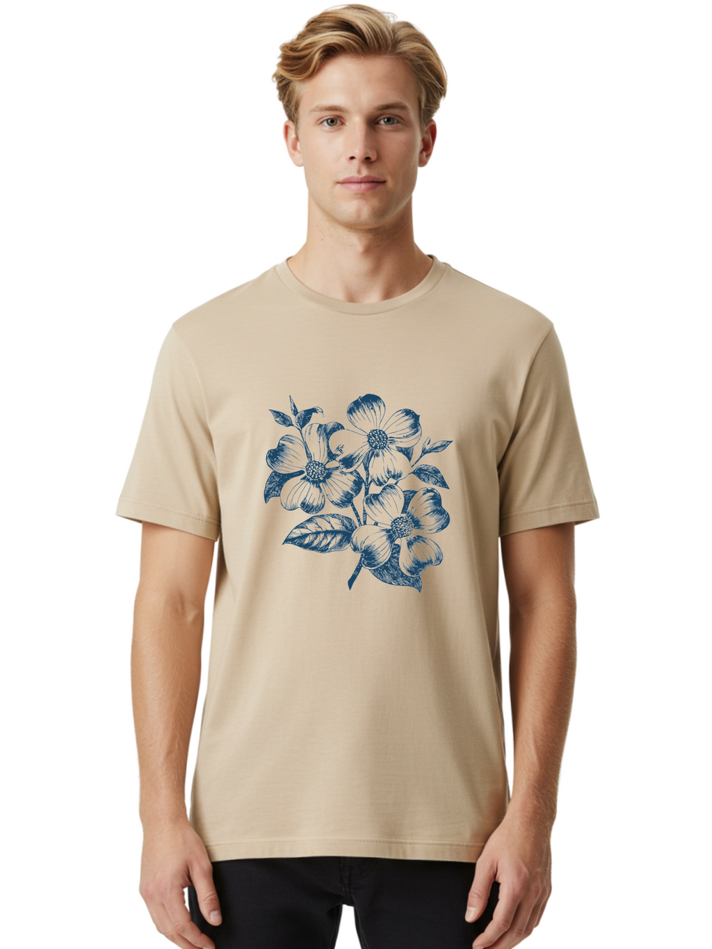 Little-Flowerbunch Men'S Graphic Tee, 100% Cotton, Comfortable Casual Summer Wear, Machine Washable, Hand-Drawn Flowers, Floral Design, Blue Flowers, Leafy Stems, Botanical Illustration, Vintage Style, Modern Graphics Aae457
