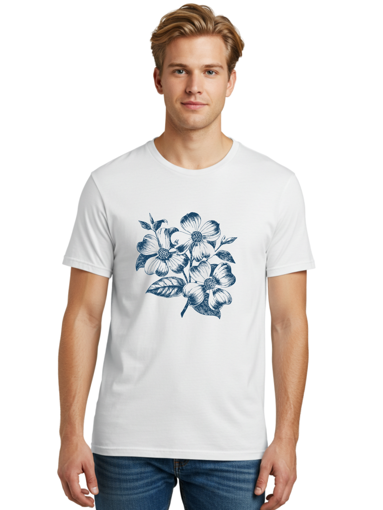 Little-Flowerbunch Men'S Graphic Tee, 100% Cotton, Comfortable Casual Summer Wear, Machine Washable, Hand-Drawn Flowers, Floral Design, Blue Flowers, Leafy Stems, Botanical Illustration, Vintage Style, Modern Graphics Aae457