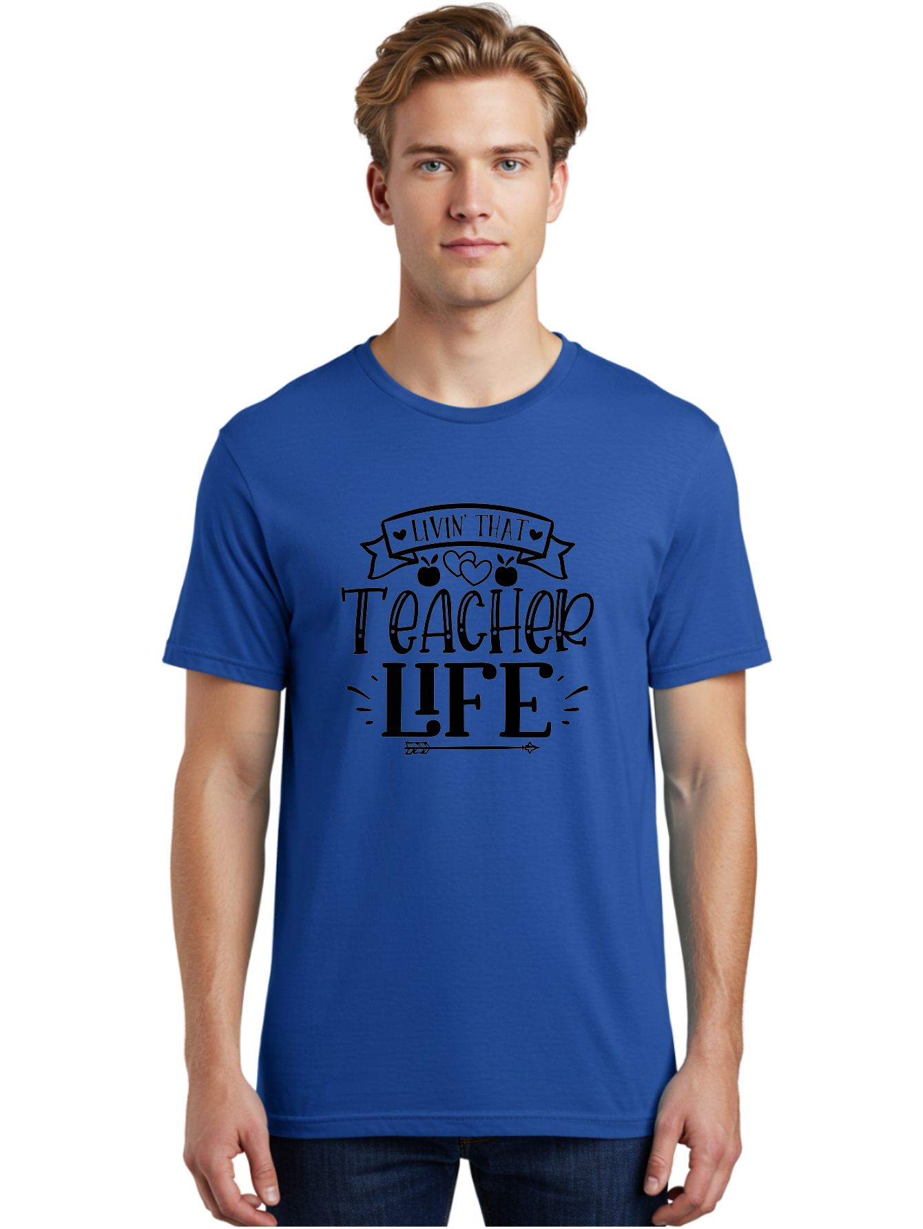 Livin That Teacher Life Men'S Graphic Tee, 100% Cotton, Comfortable Casual Summer Wear, Machine Washable, Teacher Life, Teaching Profession, Educator Lifestyle, Apple Hearts, Inspirational Quote, Motivational Saying, Teacher Apparel, Aae459