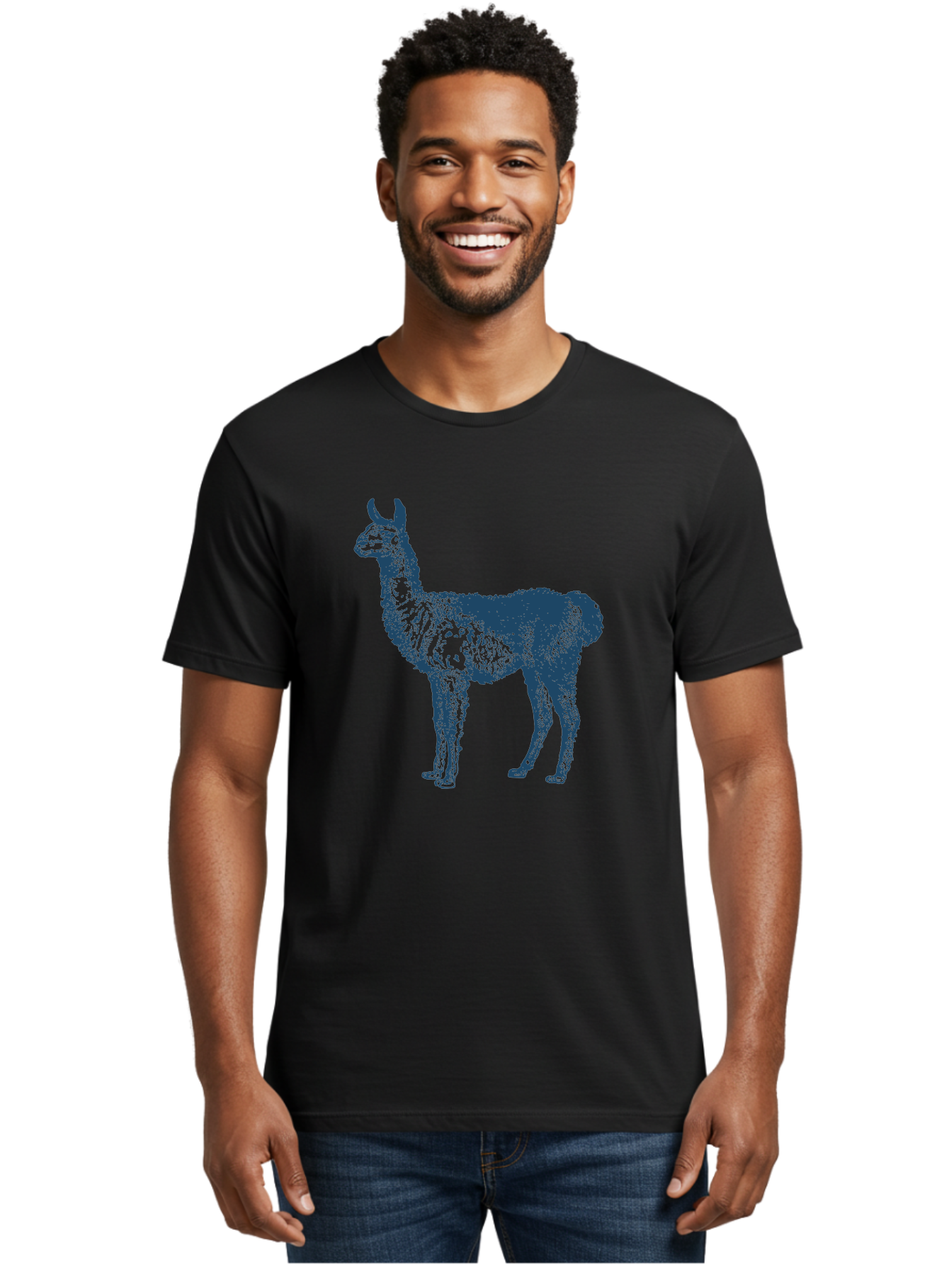 Llama Men'S Graphic Tee, 100% Cotton, Comfortable Casual Summer Wear, Machine Washable, Llama Illustration, Furry Animal, Camelid Species, Wildlife Art, Graphic Design, Modern Style, Pointillism, Blue Tones Aae460