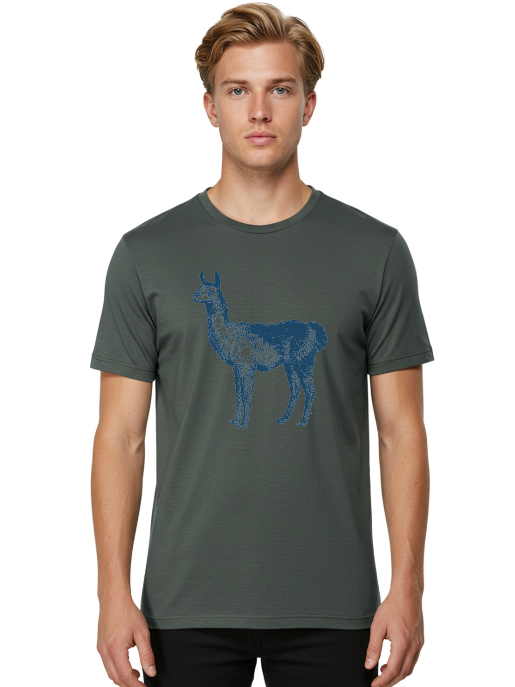 Llama Men'S Graphic Tee, 100% Cotton, Comfortable Casual Summer Wear, Machine Washable, Llama Illustration, Furry Animal, Camelid Species, Wildlife Art, Graphic Design, Modern Style, Pointillism, Blue Tones Aae460