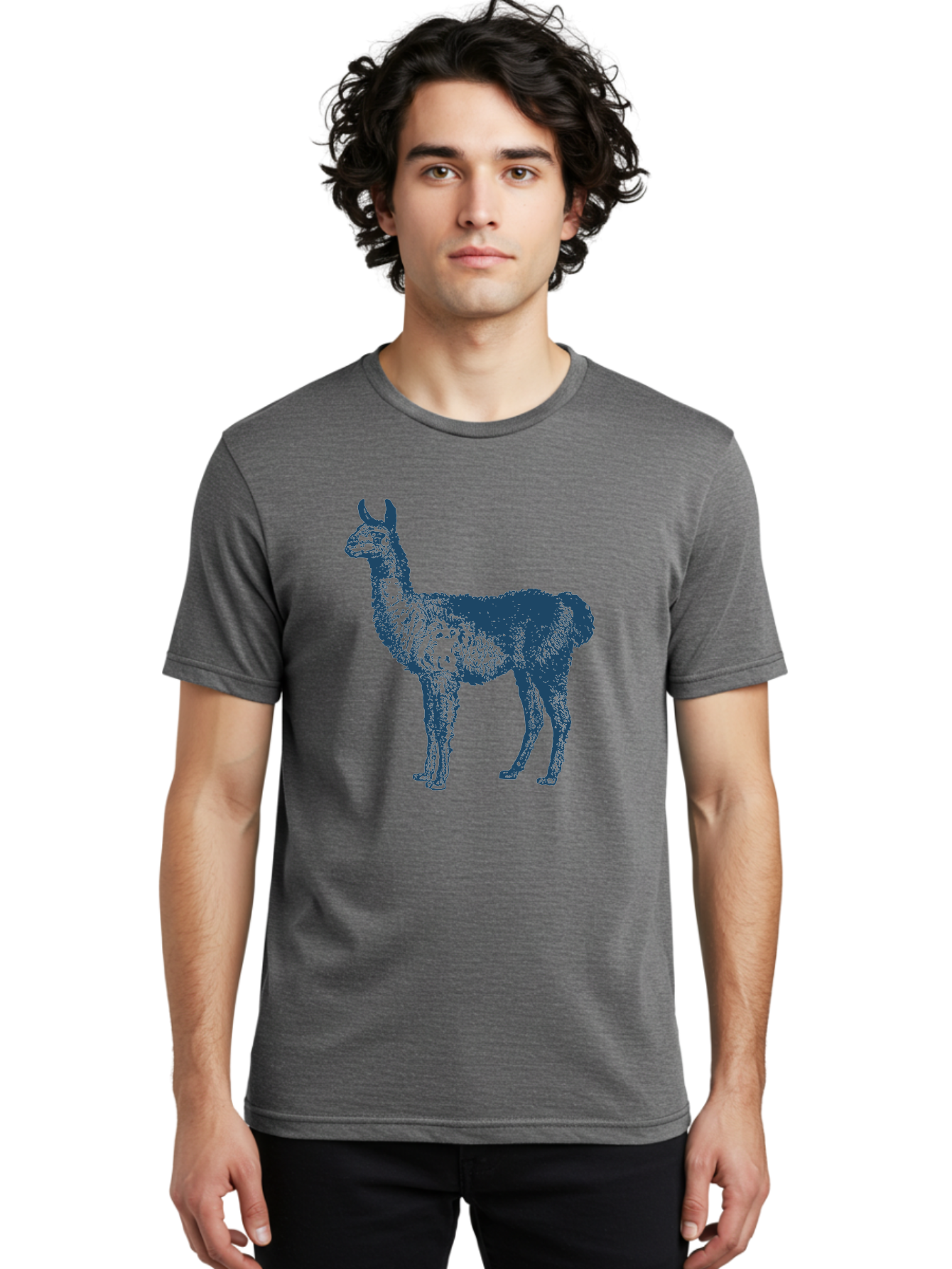 Llama Men'S Graphic Tee, 100% Cotton, Comfortable Casual Summer Wear, Machine Washable, Llama Illustration, Furry Animal, Camelid Species, Wildlife Art, Graphic Design, Modern Style, Pointillism, Blue Tones Aae460