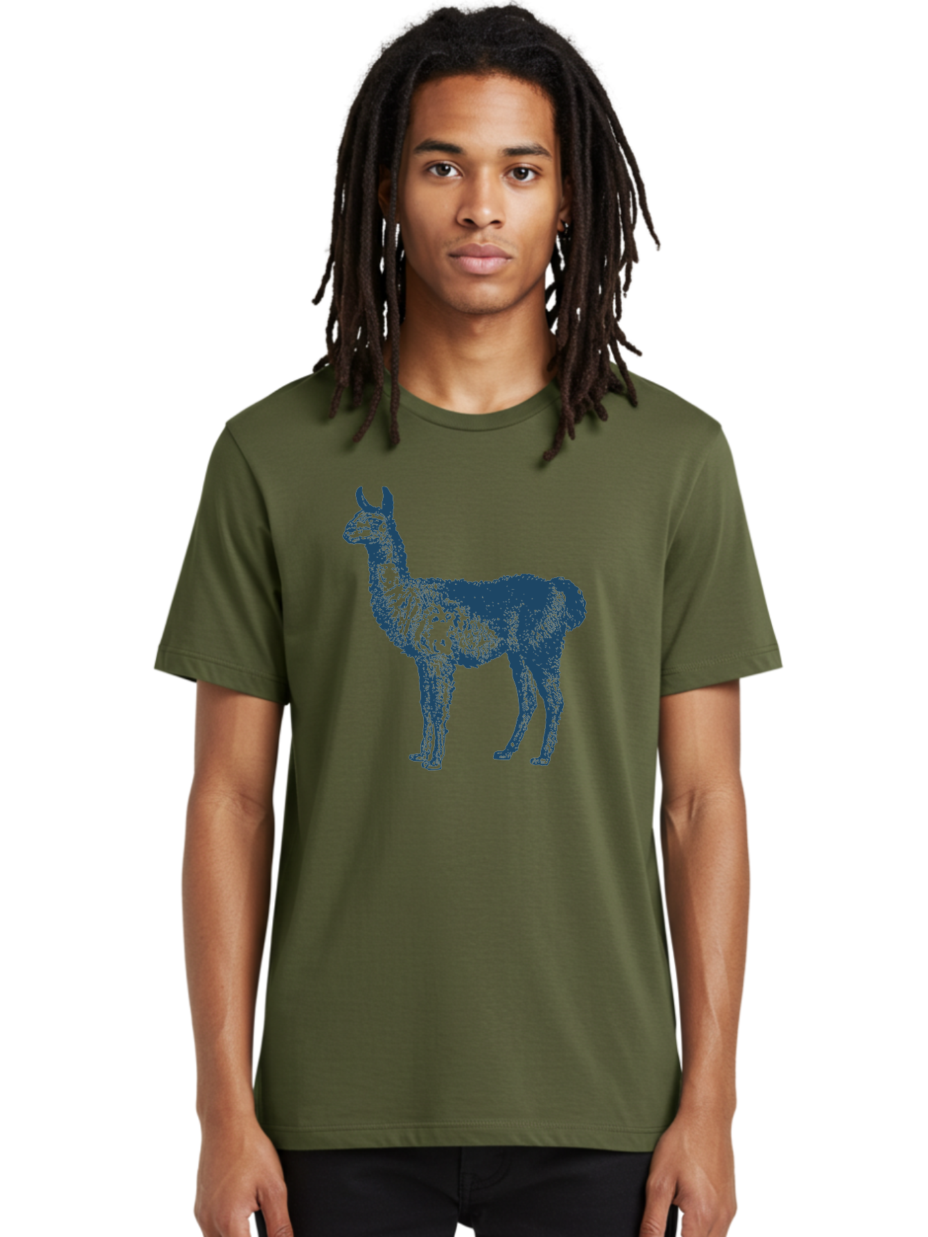Llama Men'S Graphic Tee, 100% Cotton, Comfortable Casual Summer Wear, Machine Washable, Llama Illustration, Furry Animal, Camelid Species, Wildlife Art, Graphic Design, Modern Style, Pointillism, Blue Tones Aae460
