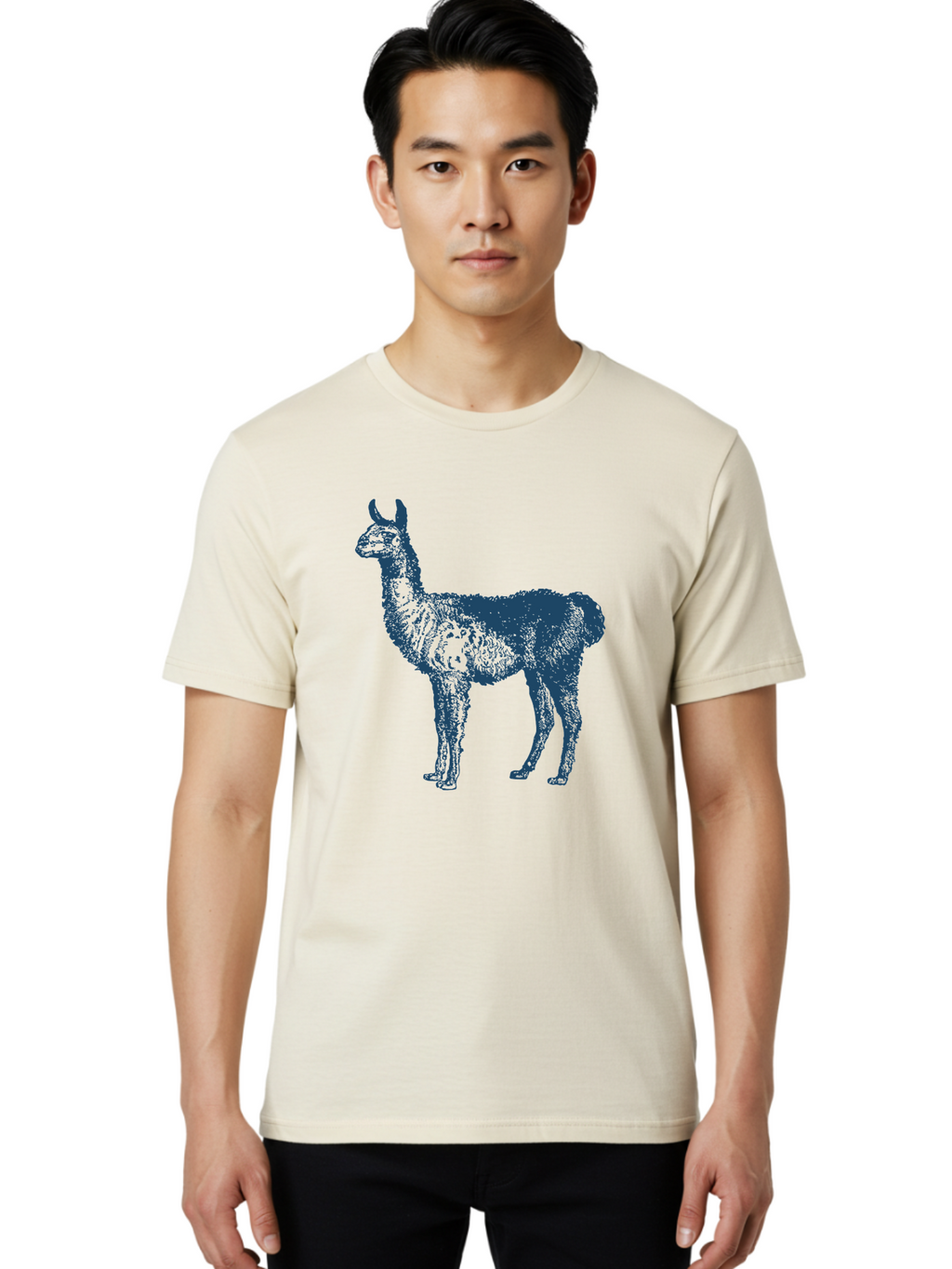 Llama Men'S Graphic Tee, 100% Cotton, Comfortable Casual Summer Wear, Machine Washable, Llama Illustration, Furry Animal, Camelid Species, Wildlife Art, Graphic Design, Modern Style, Pointillism, Blue Tones Aae460