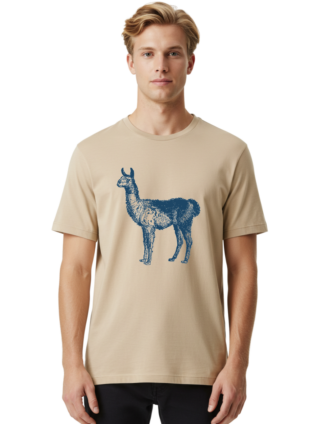 Llama Men'S Graphic Tee, 100% Cotton, Comfortable Casual Summer Wear, Machine Washable, Llama Illustration, Furry Animal, Camelid Species, Wildlife Art, Graphic Design, Modern Style, Pointillism, Blue Tones Aae460