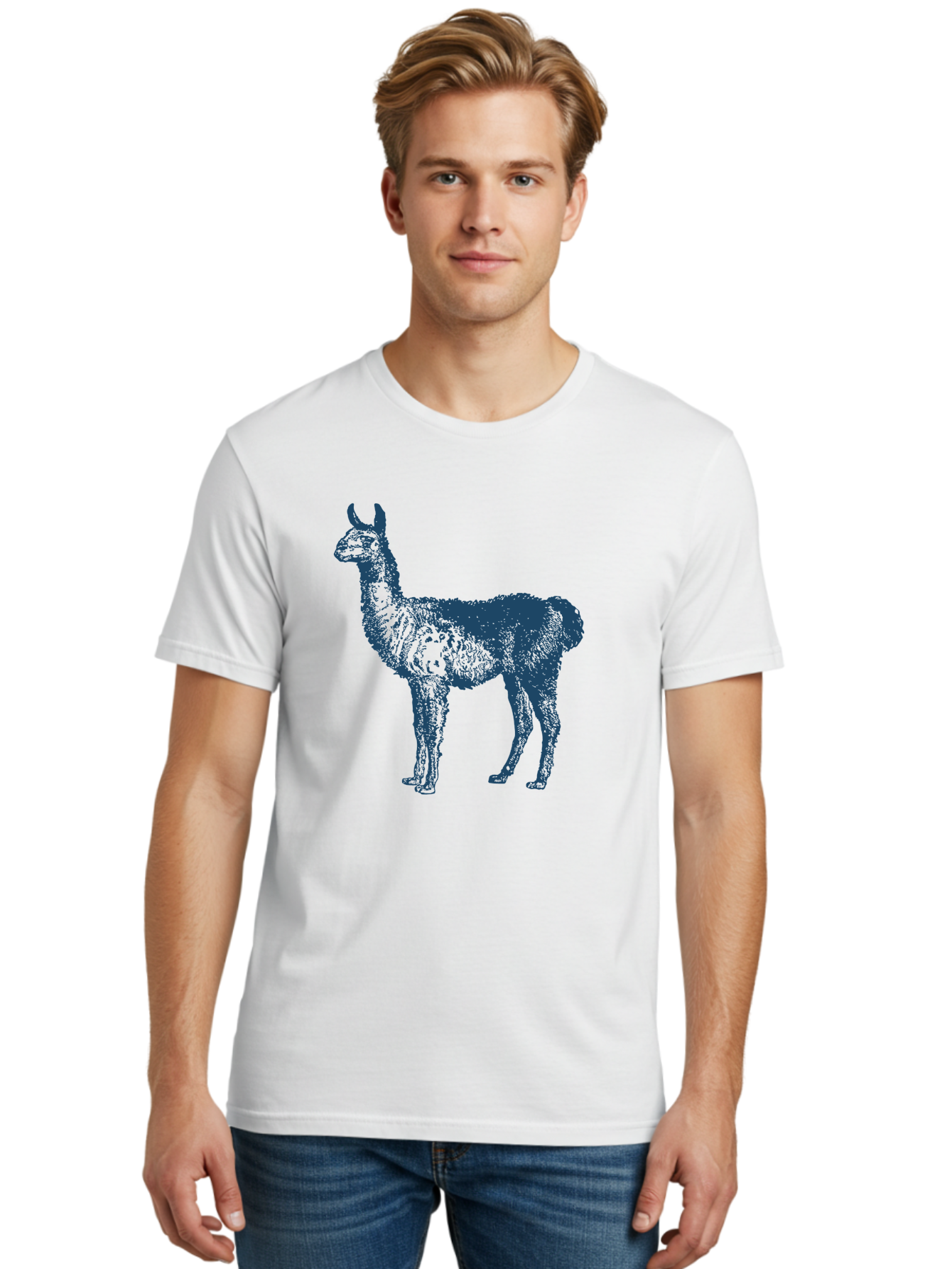 Llama Men'S Graphic Tee, 100% Cotton, Comfortable Casual Summer Wear, Machine Washable, Llama Illustration, Furry Animal, Camelid Species, Wildlife Art, Graphic Design, Modern Style, Pointillism, Blue Tones Aae460