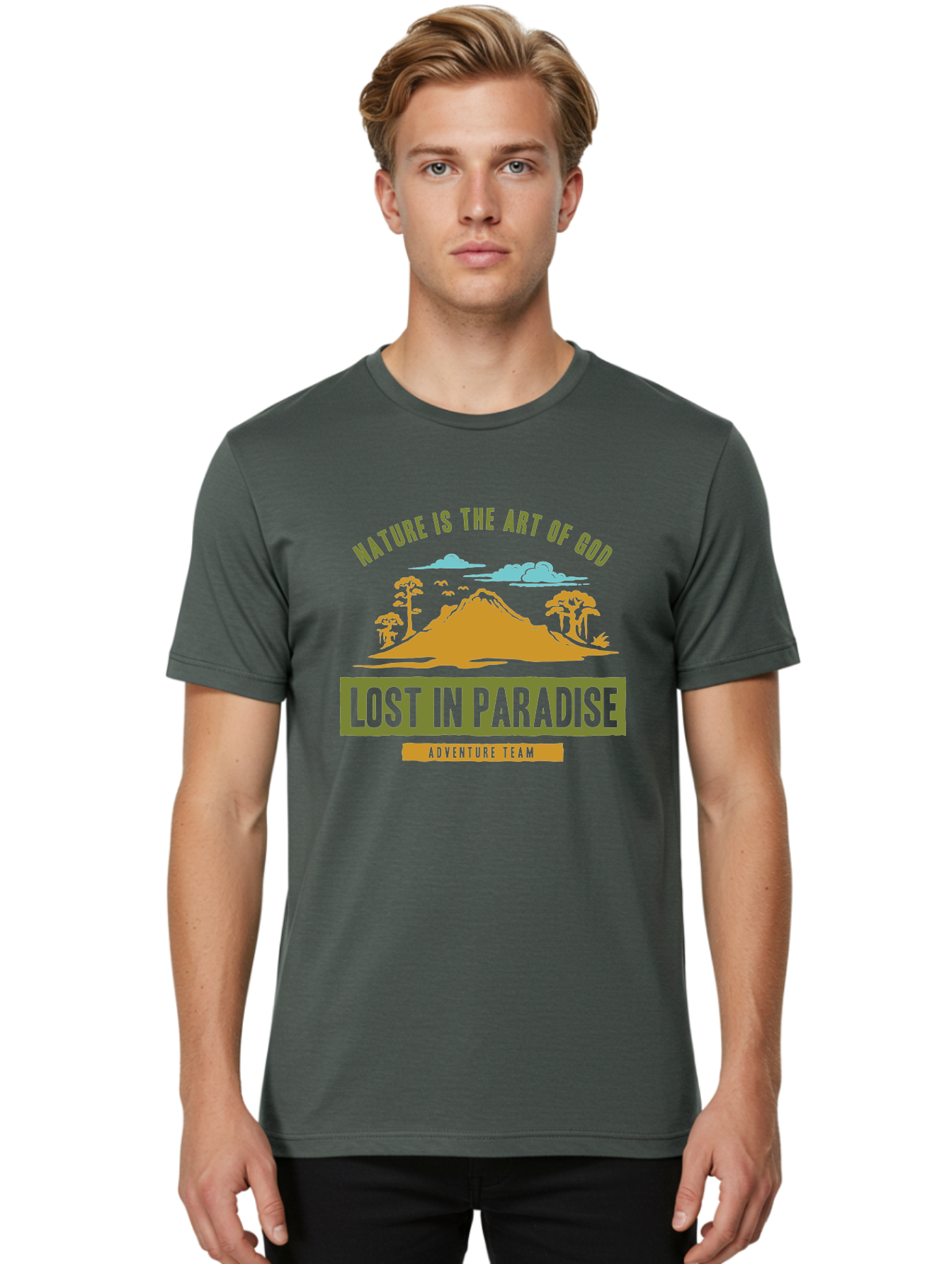 Lost In Paradise Men'S Graphic Tee, 100% Cotton, Comfortable Casual Summer Wear, Machine Washable, Nature-Inspired Design, Paradise Scenery, Mountain Landscape, Adventure Theme, Inspirational Quotes, Outdoor Enthusiasts, Travel Team, Aae462