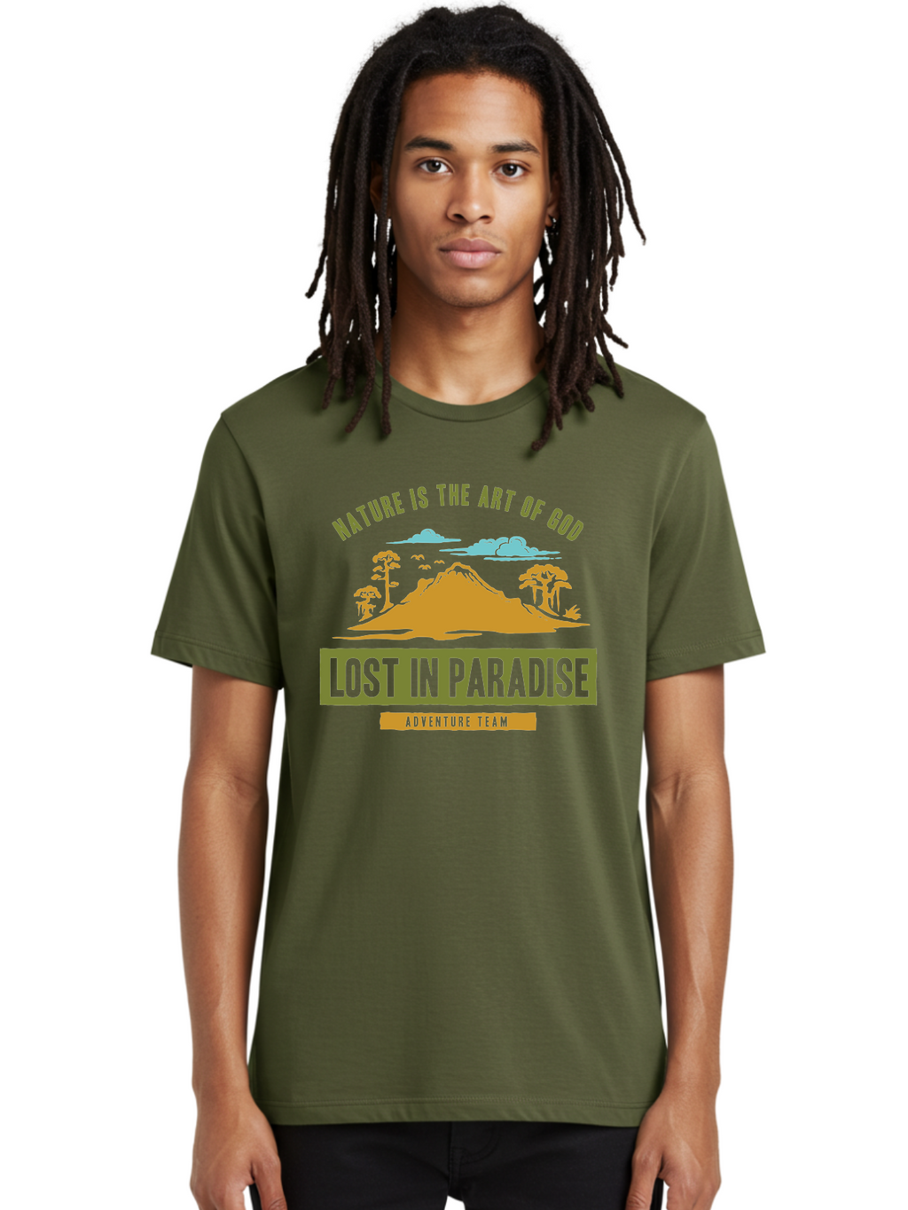 Lost In Paradise Men'S Graphic Tee, 100% Cotton, Comfortable Casual Summer Wear, Machine Washable, Nature-Inspired Design, Paradise Scenery, Mountain Landscape, Adventure Theme, Inspirational Quotes, Outdoor Enthusiasts, Travel Team, Aae462