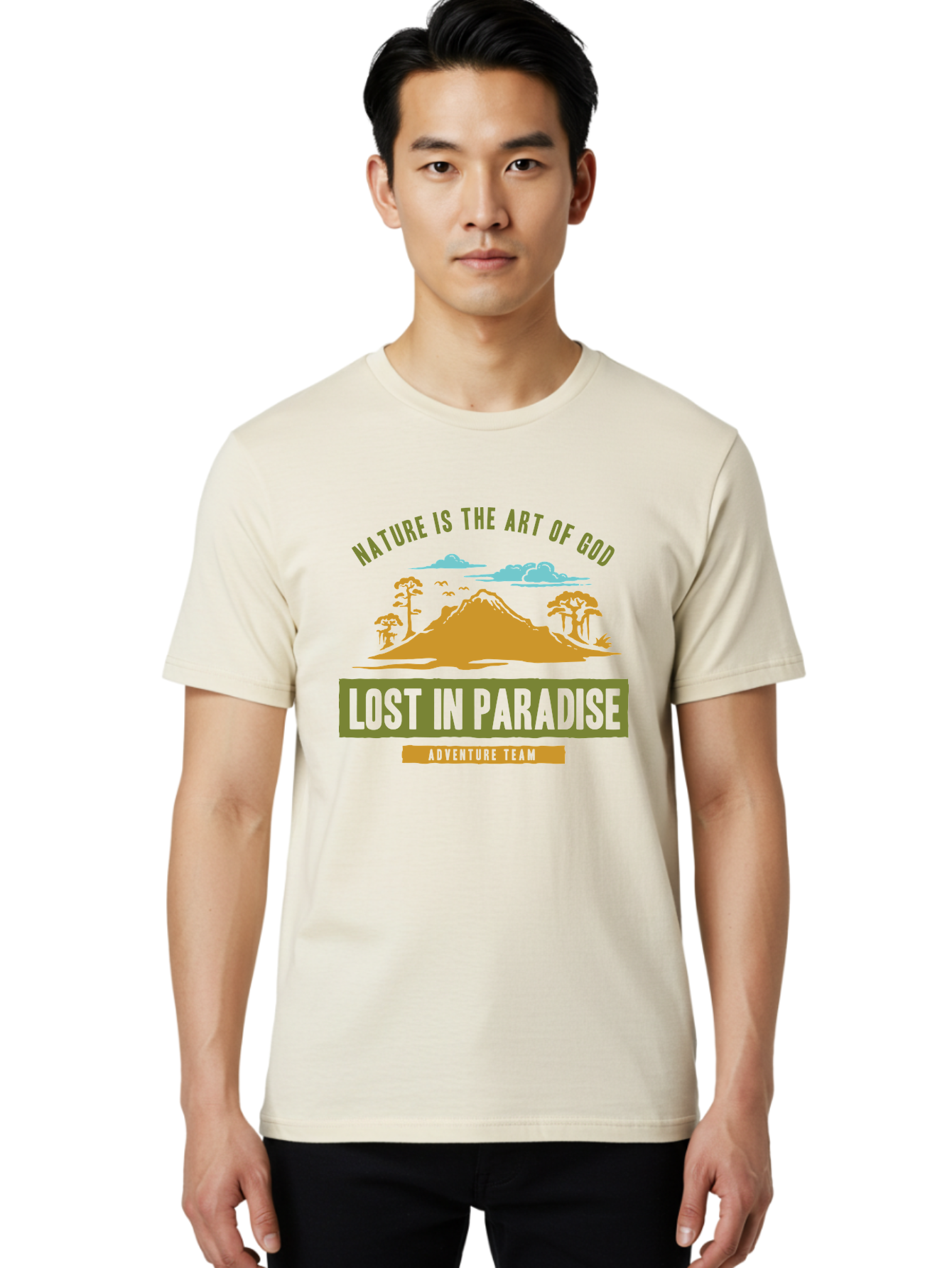 Lost In Paradise Men'S Graphic Tee, 100% Cotton, Comfortable Casual Summer Wear, Machine Washable, Nature-Inspired Design, Paradise Scenery, Mountain Landscape, Adventure Theme, Inspirational Quotes, Outdoor Enthusiasts, Travel Team, Aae462