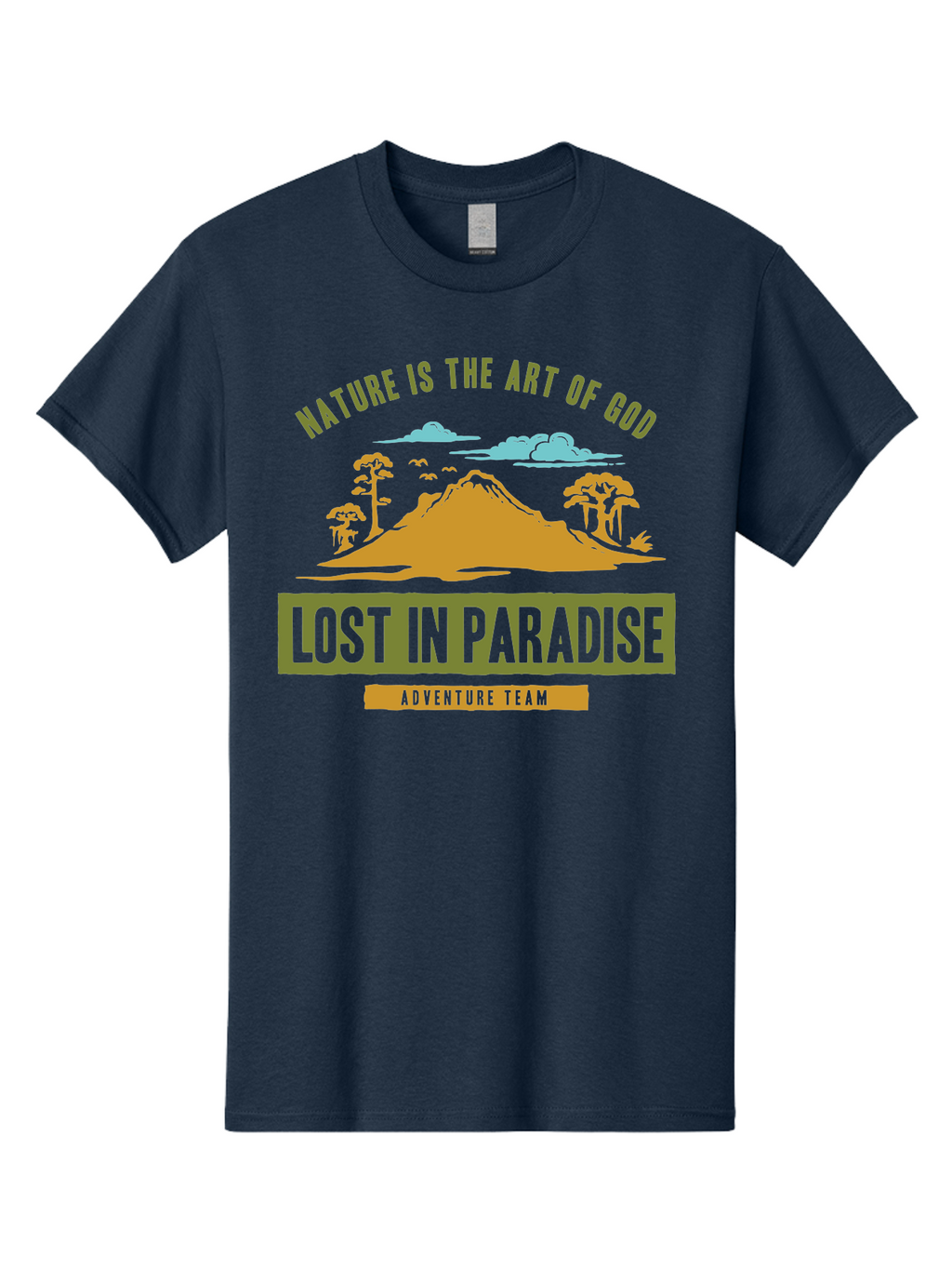 Lost In Paradise Men'S Graphic Tee, 100% Cotton, Comfortable Casual Summer Wear, Machine Washable, Nature-Inspired Design, Paradise Scenery, Mountain Landscape, Adventure Theme, Inspirational Quotes, Outdoor Enthusiasts, Travel Team, Aae462