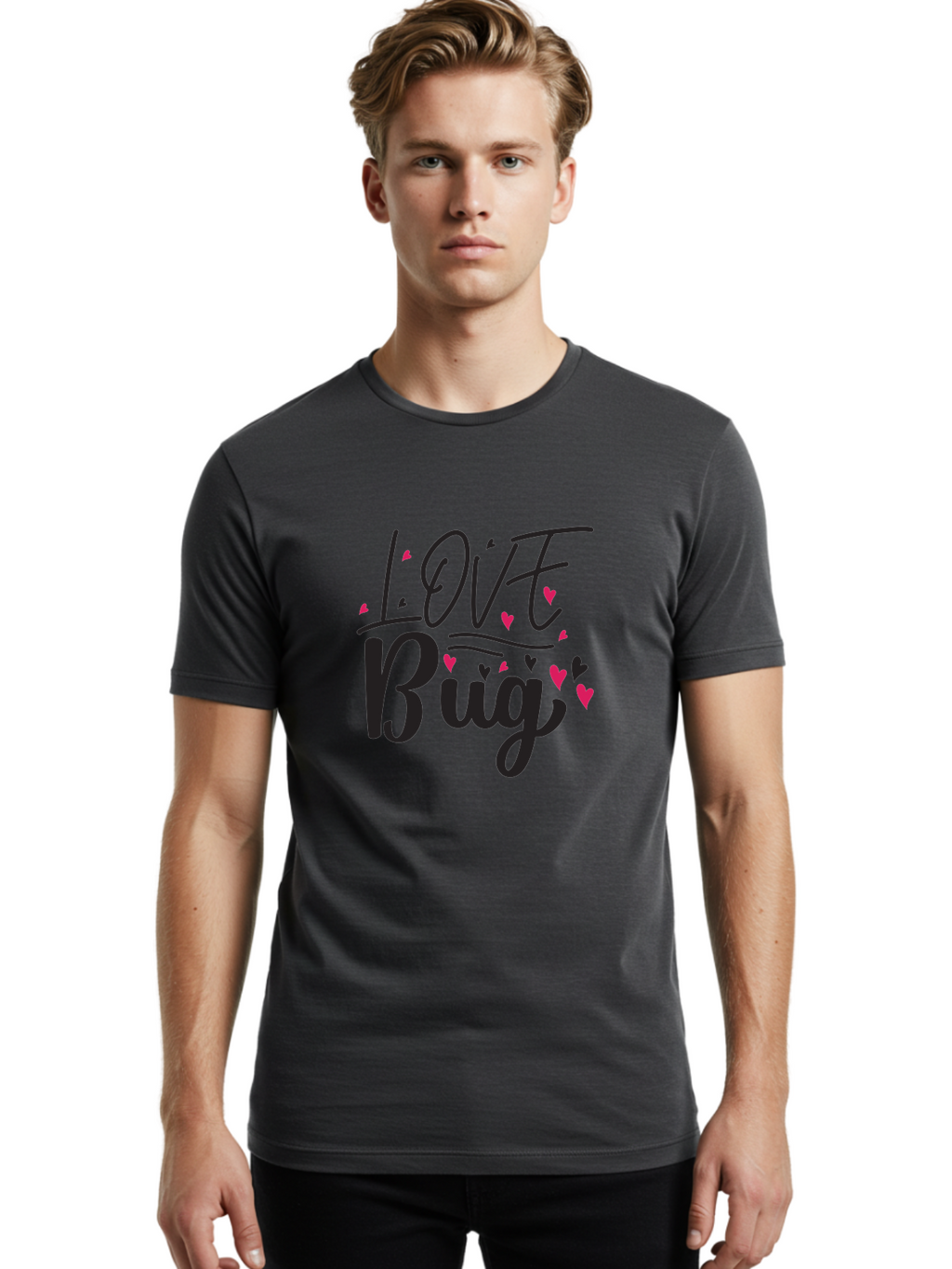 Love Bug Men'S Graphic Tee, 100% Cotton, Comfortable Casual Summer Wear, Machine Washable, Love Bug, Cute Typography, Hand Drawn Hearts, Pink Hearts, Valentines Day, Romance, Lovely, Charming Aae465
