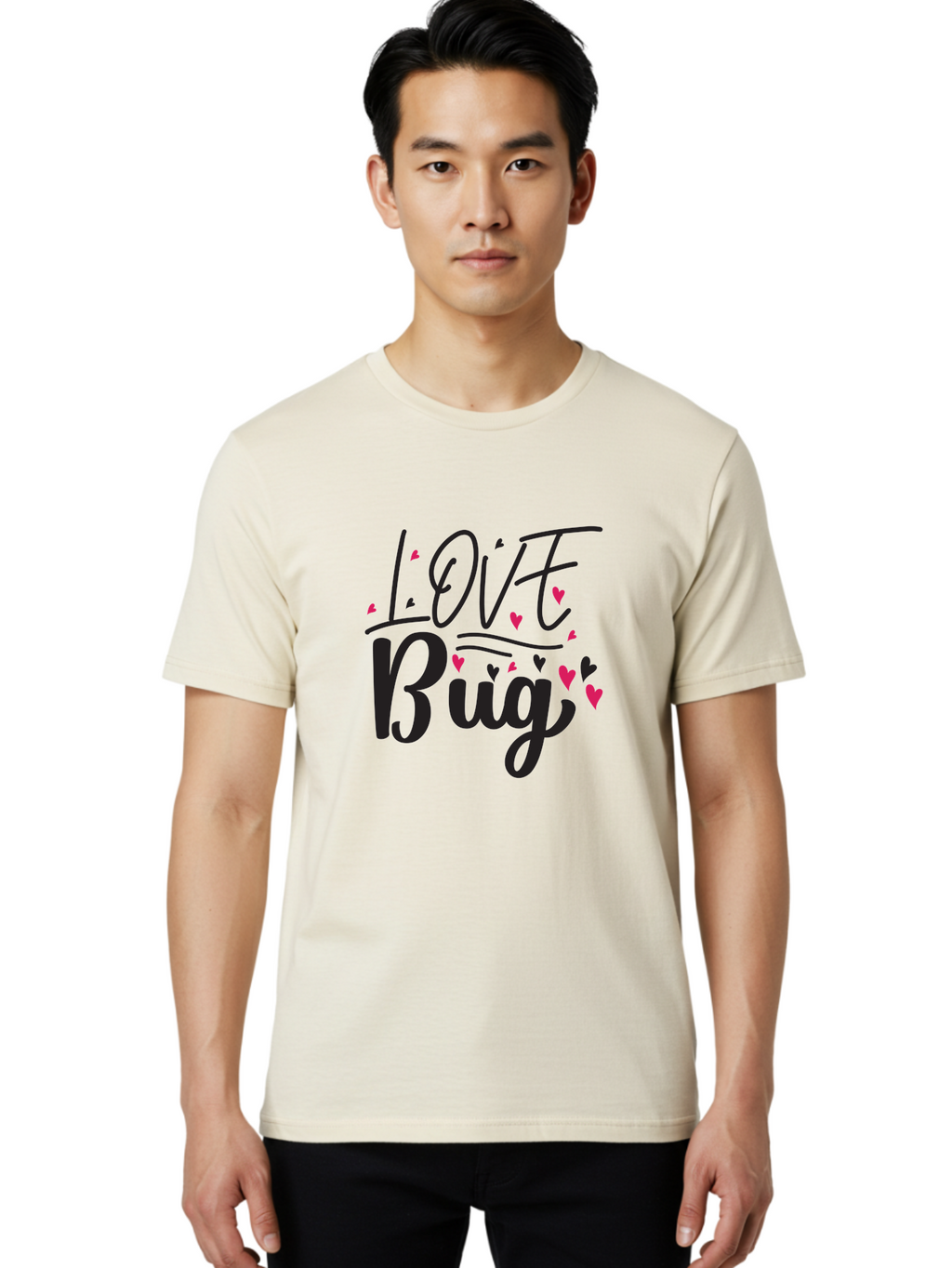 Love Bug Men'S Graphic Tee, 100% Cotton, Comfortable Casual Summer Wear, Machine Washable, Love Bug, Cute Typography, Hand Drawn Hearts, Pink Hearts, Valentines Day, Romance, Lovely, Charming Aae465
